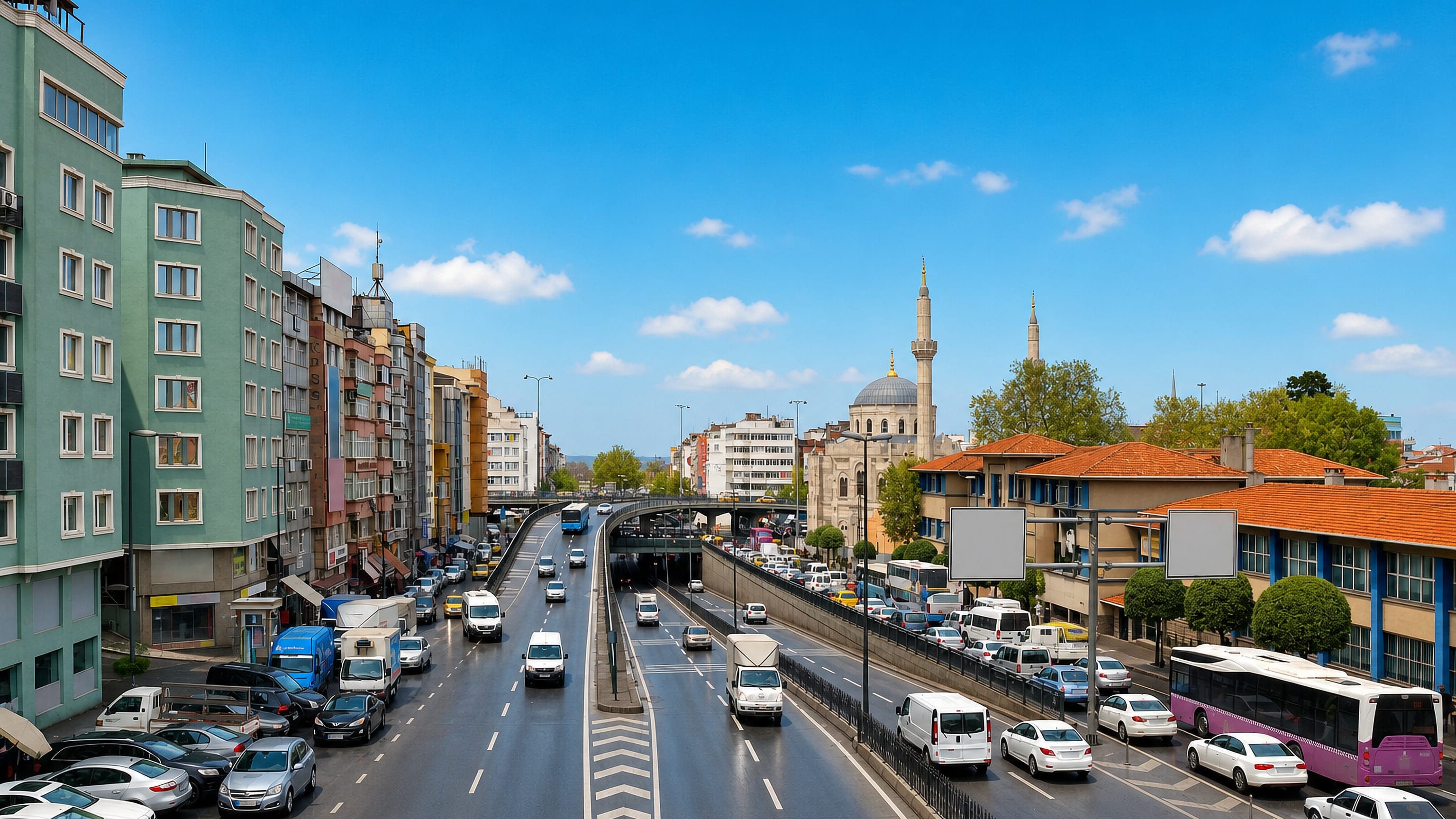 Traffic on the broad boulevard through Aksaray in Fatih, Istanbul, with a twin-minaret Ottoman mosque beyond.