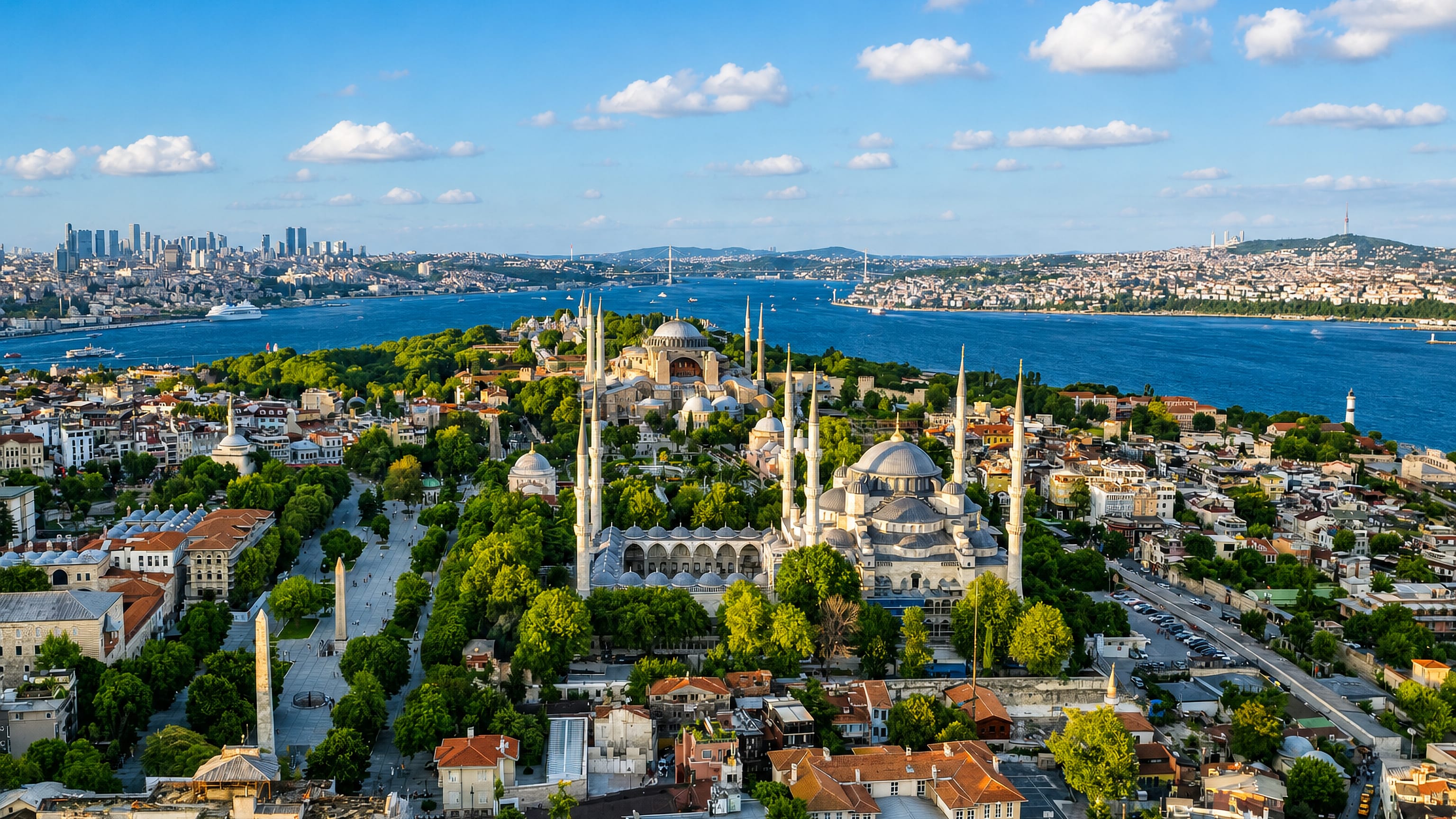 Sultanahmet in Fatih, Istanbul, with the Blue Mosque, Hagia Sophia and the Hippodrome obelisk above the Bosphorus.