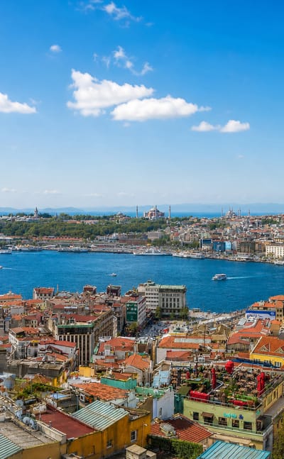 Aerial view over the Golden Horn to Istanbul's historic peninsula, mosques and the Galata Bridge