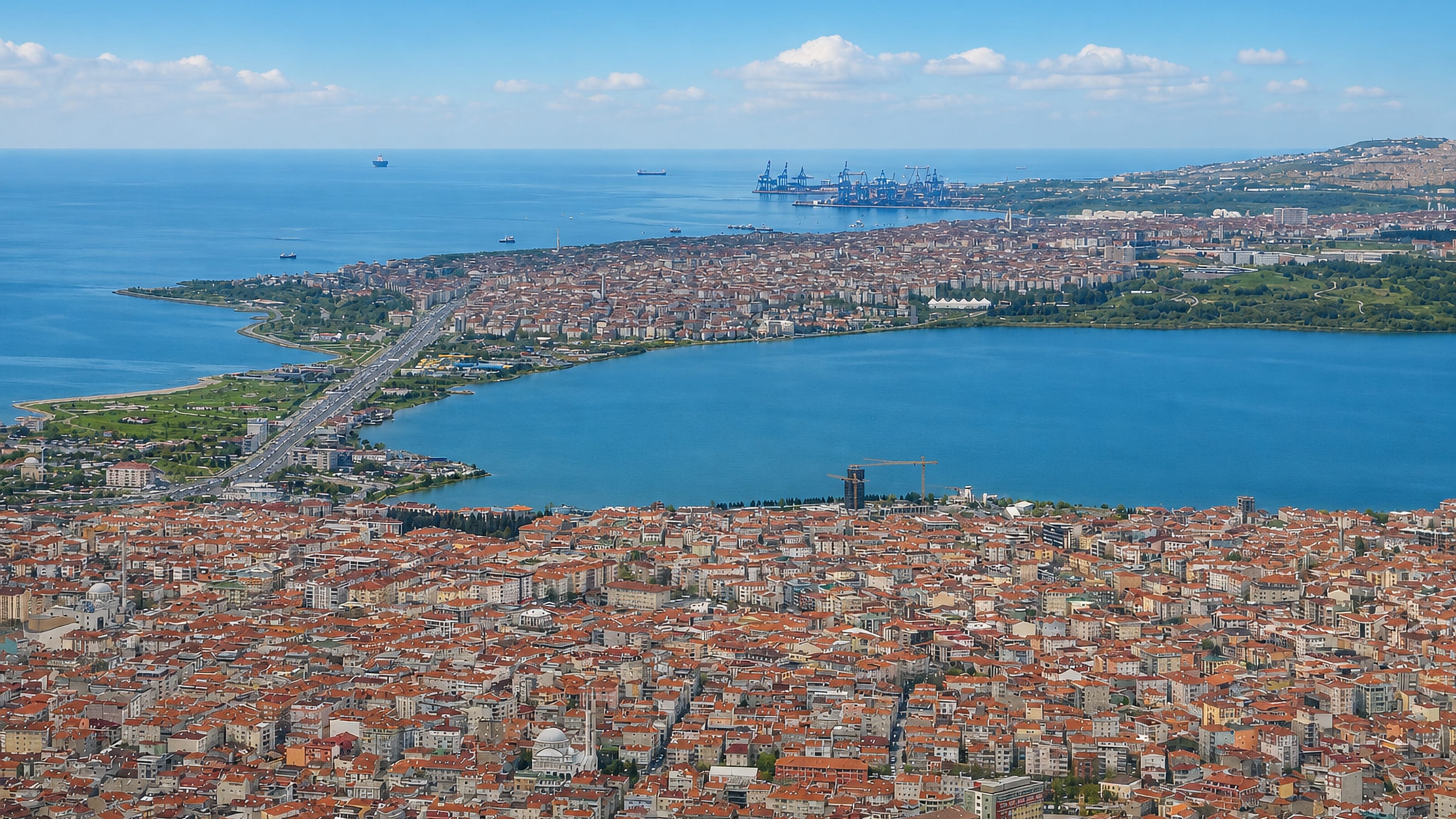 Küçükçekmece's dense rooftops around its coastal lagoon in Istanbul, with the Marmara Sea and port beyond.