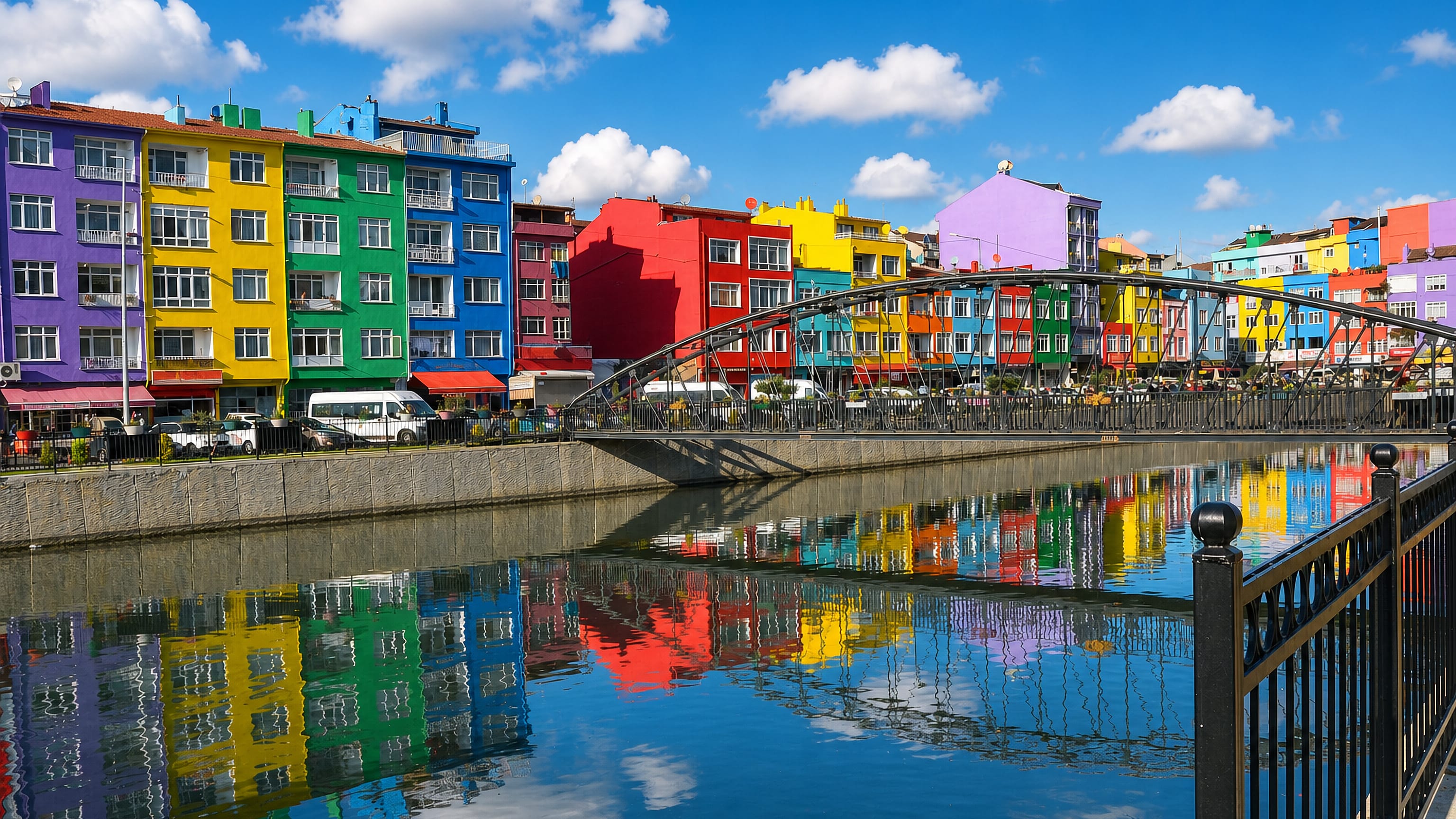 Brightly painted riverside apartment blocks and an arched footbridge on a canal in Silivri, Turkey.