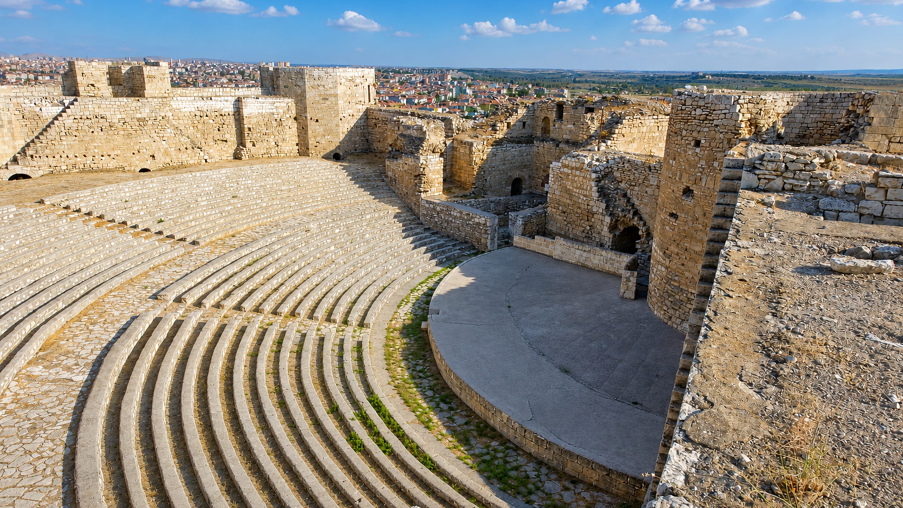Stone ramparts and stepped amphitheatre of Karaman Castle above the Anatolian town of Karaman, Turkey.