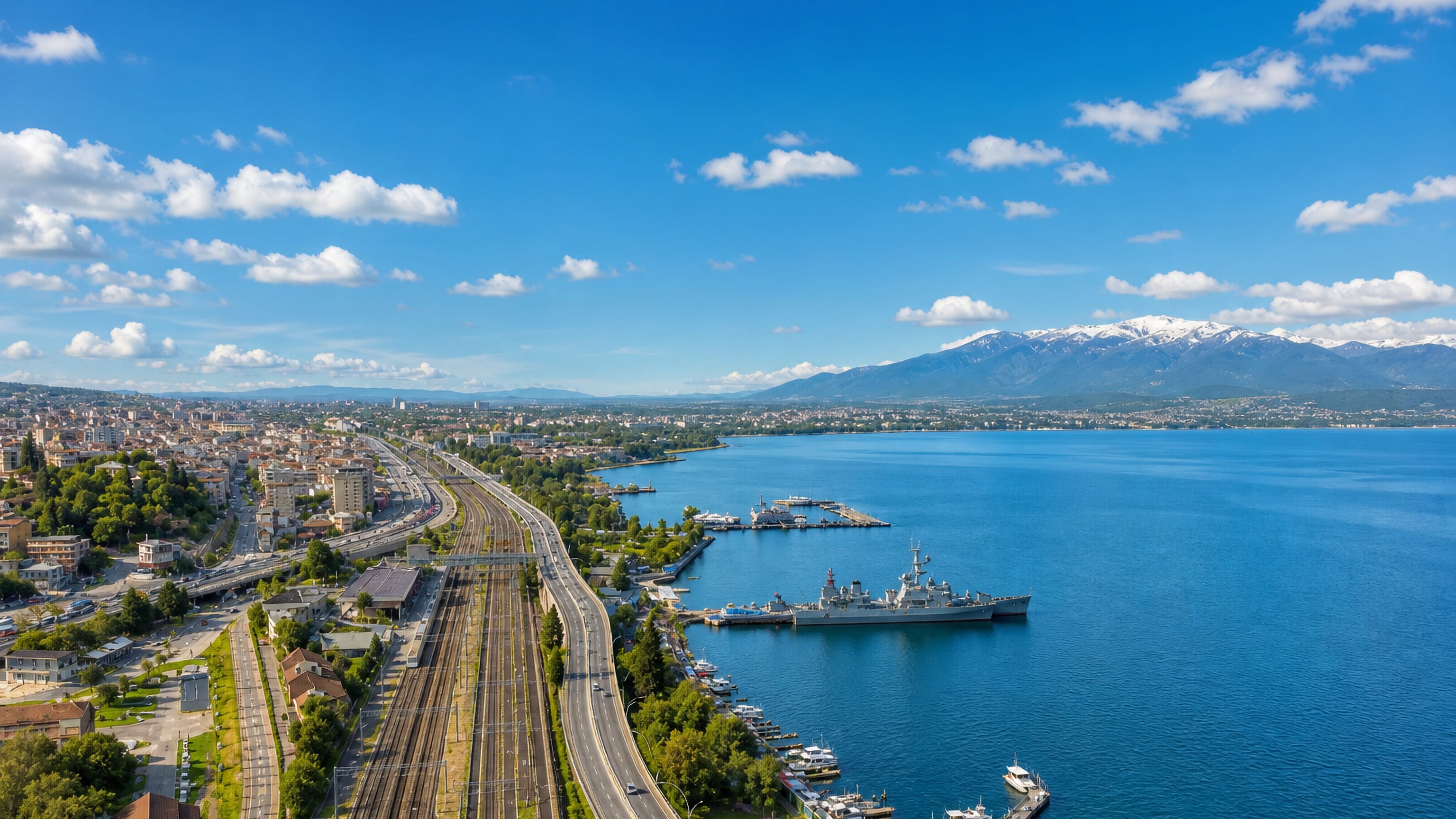 Aerial view of İzmit, Turkey, along the Gulf of İzmit with shoreline rail lines, a naval pier and mountains beyond