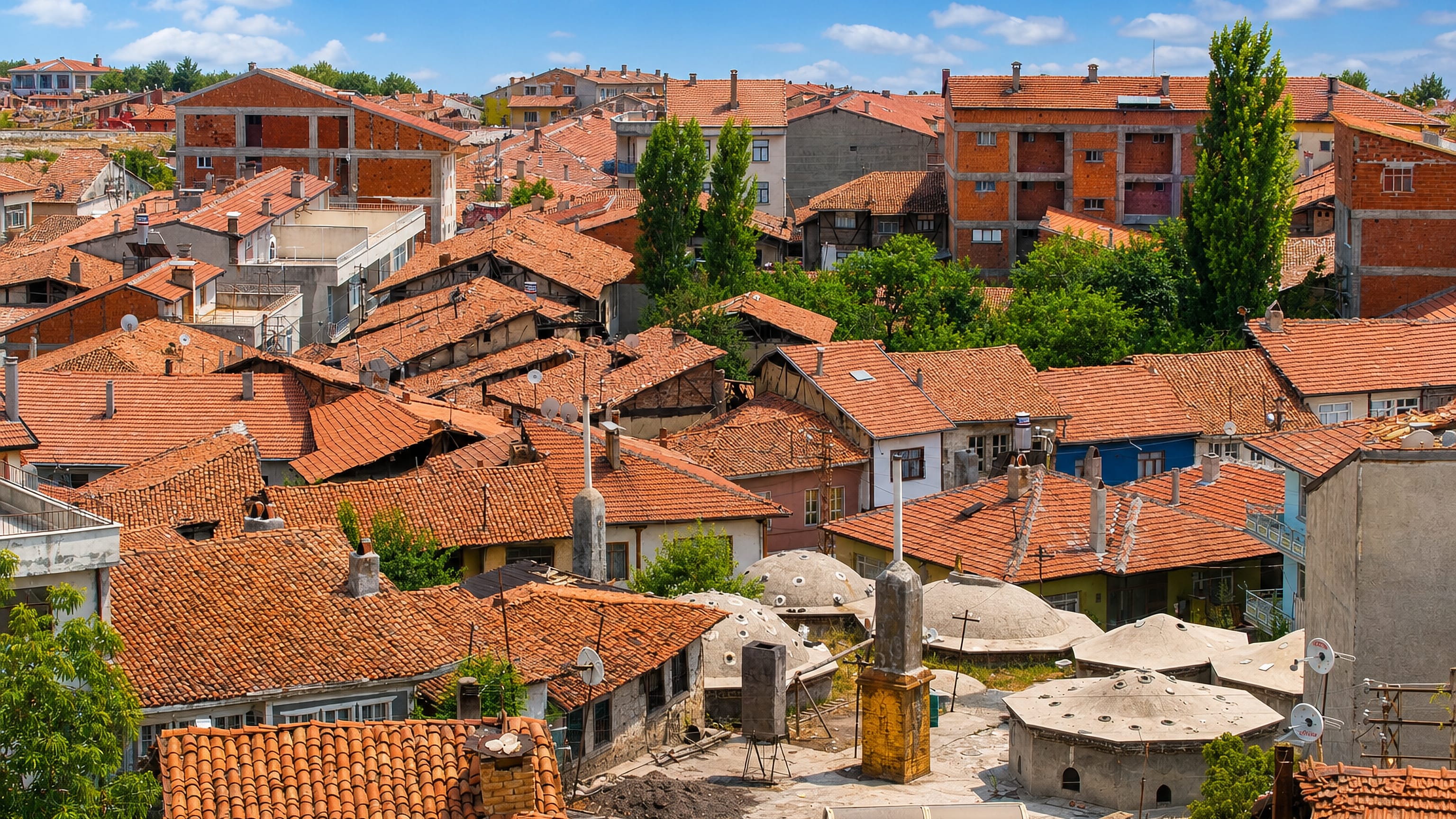 Red-tiled rooftops and bathhouse domes packed across the old town of Zile in Turkey's Tokat Province.