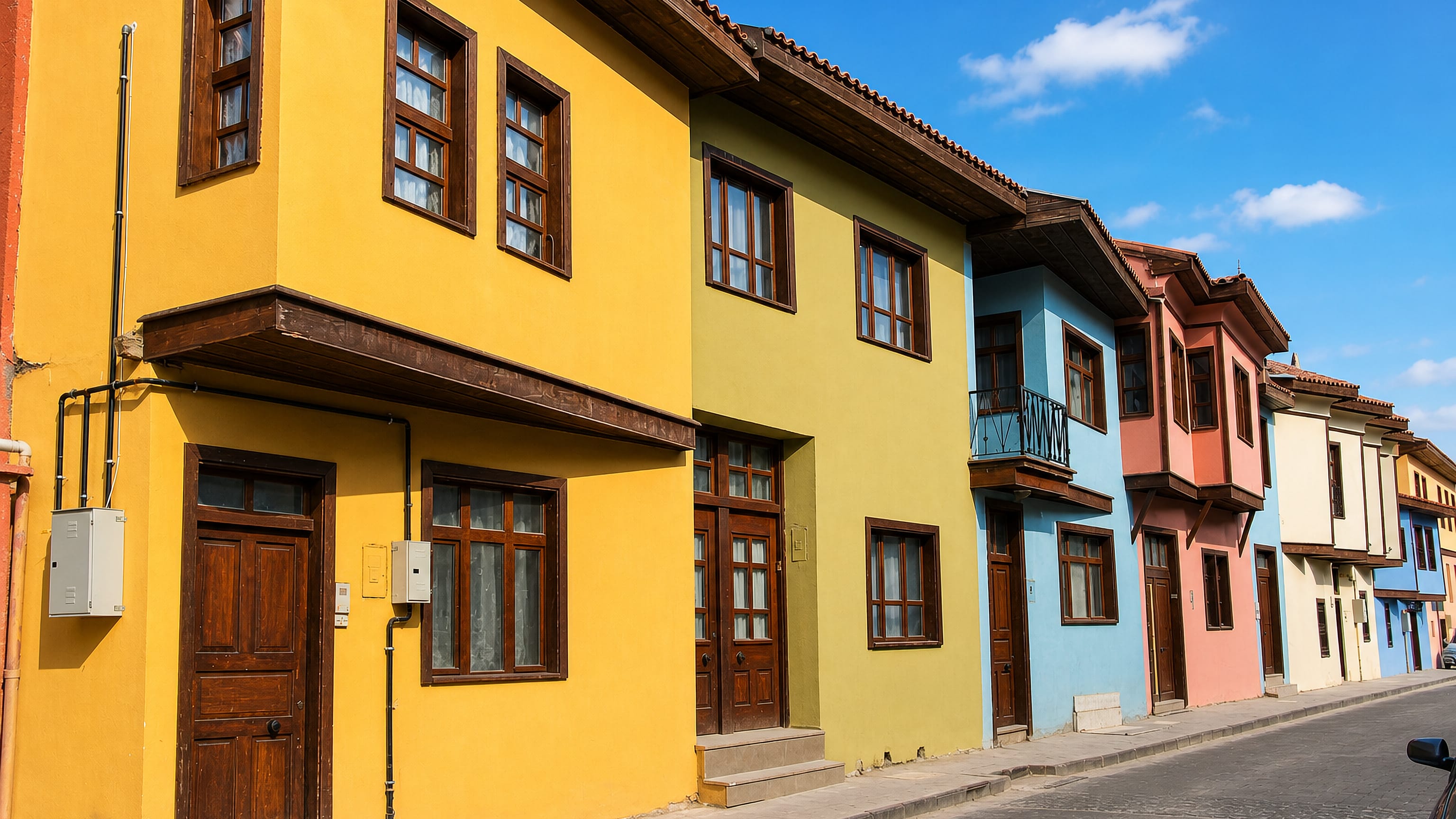 A street of restored Ottoman-era townhouses in yellow, blue and pink in Uşak, Turkey.