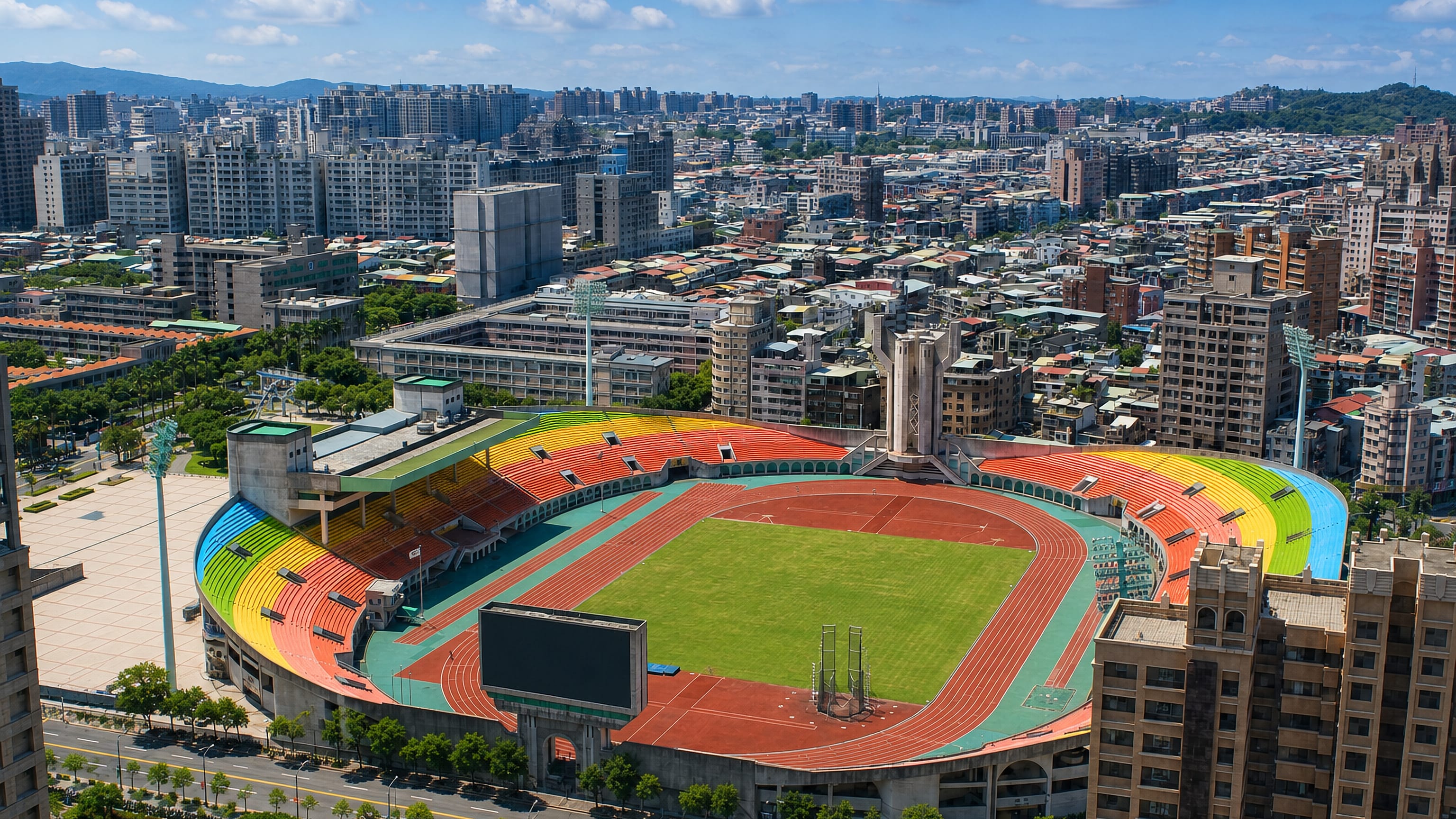 Rainbow-tiered athletics stadium ringed by dense apartment blocks in Banqiao, New Taipei City.
