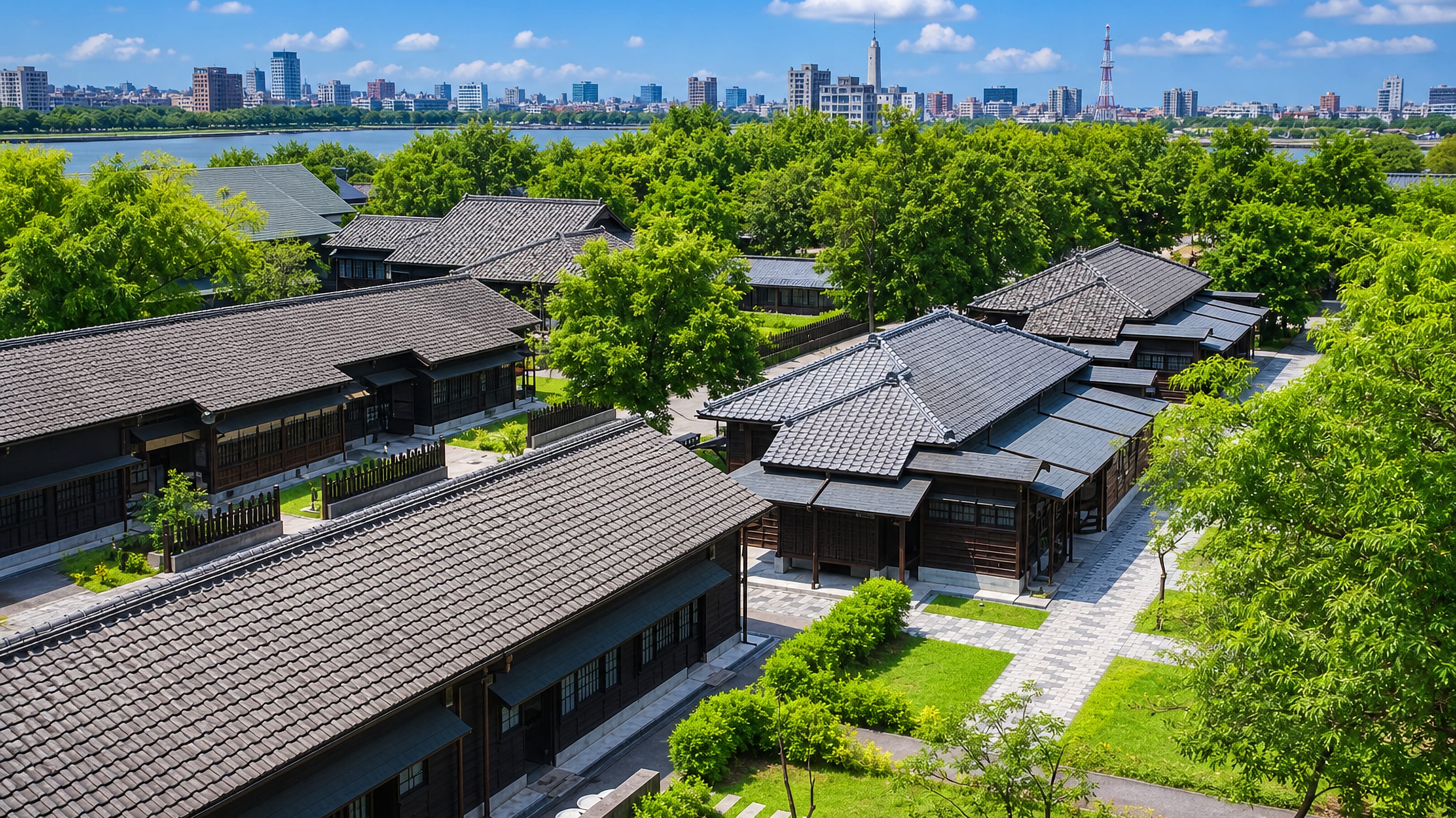 Chiayi City's Japanese-era wooden cypress dormitories set in greenery below the downtown skyline