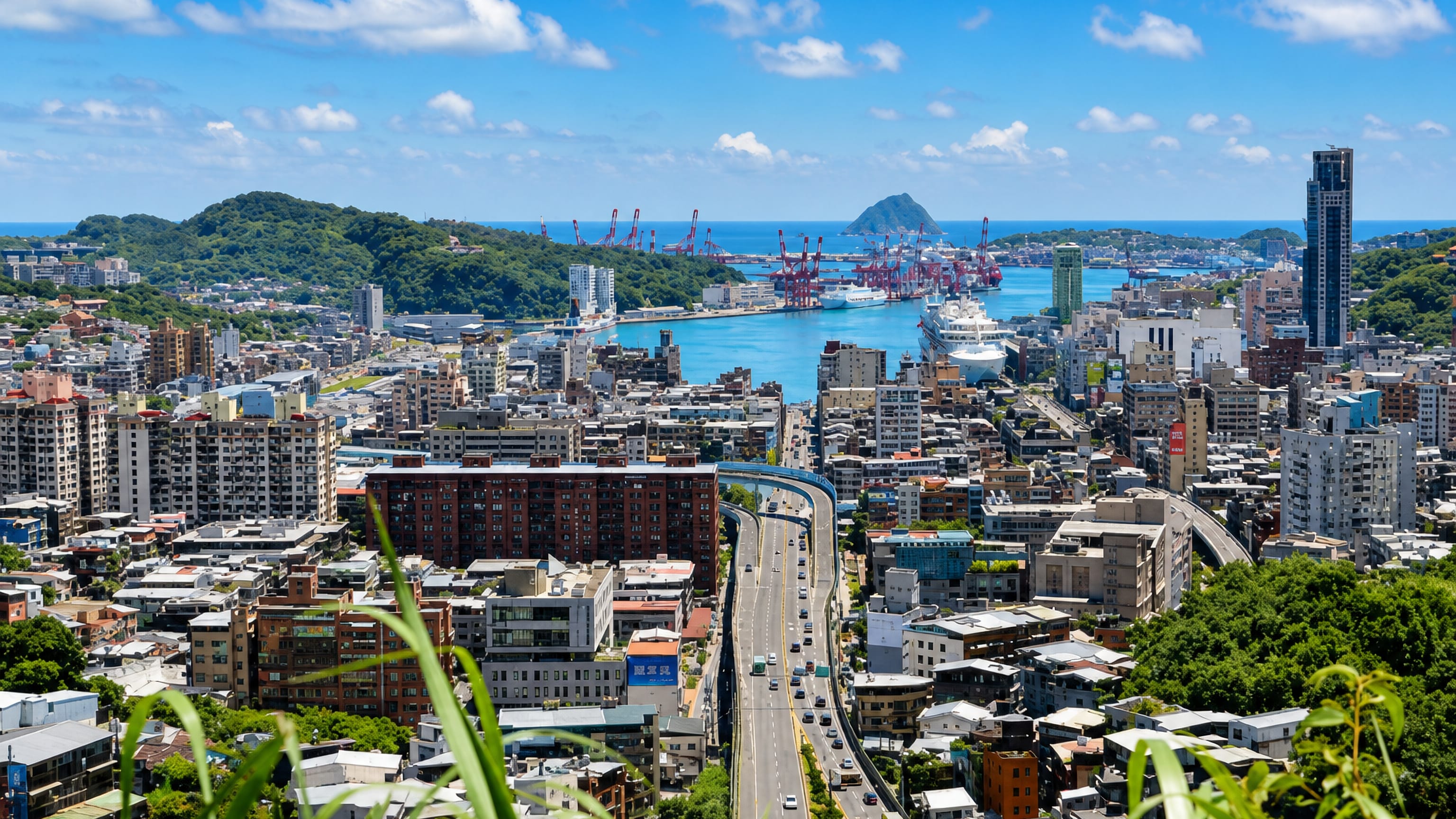 Keelung, Taiwan, seen from the hills: harbour cranes, cruise ships and Keelung Islet beyond the green ridges