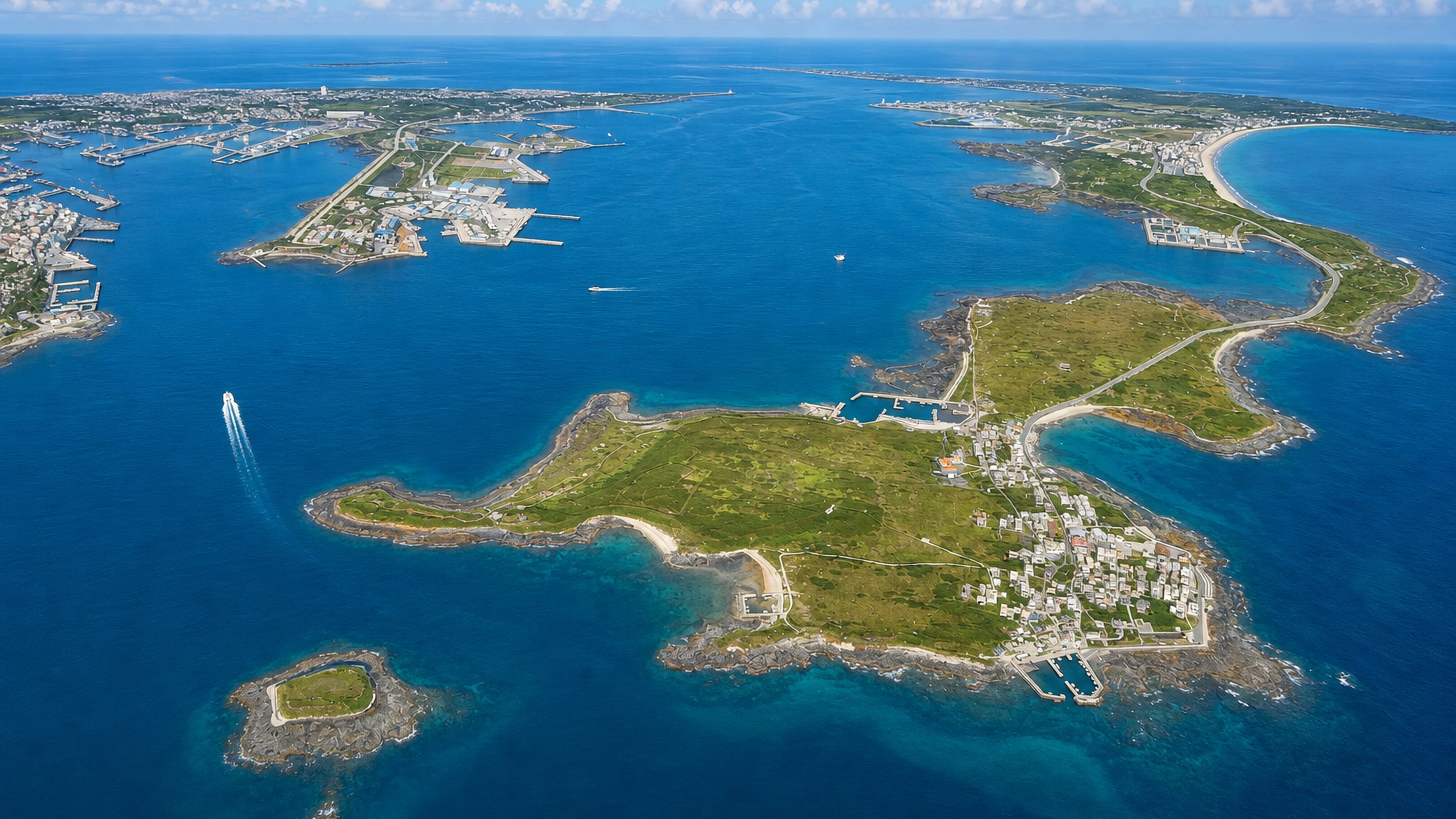 Aerial view over Magong and the Penghu islands, Taiwan, with reefs, harbours and turquoise sea