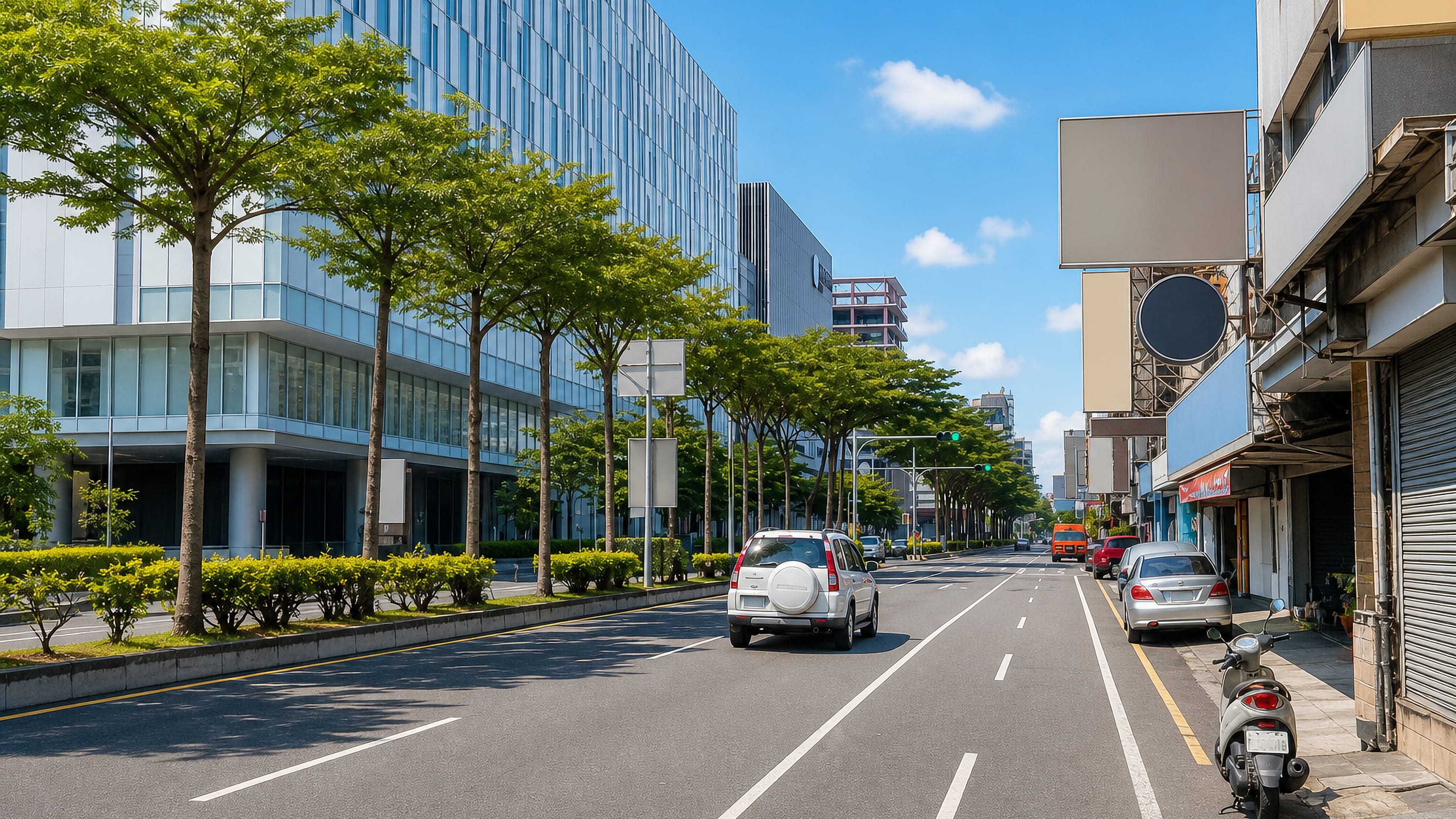 Tree-lined boulevard running past a glass office block in Houjia, Tainan.