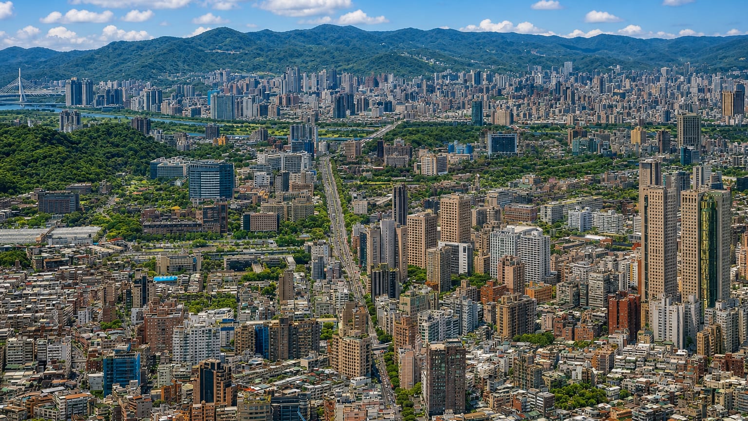 Aerial daytime view of Taipei's dense low-rise Da'an District in a green mountain-ringed basin
