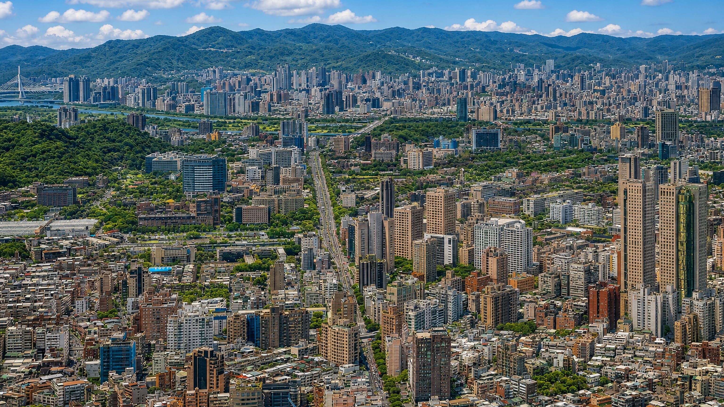 Aerial daytime view of Taipei's dense low-rise Da'an District in a green mountain-ringed basin