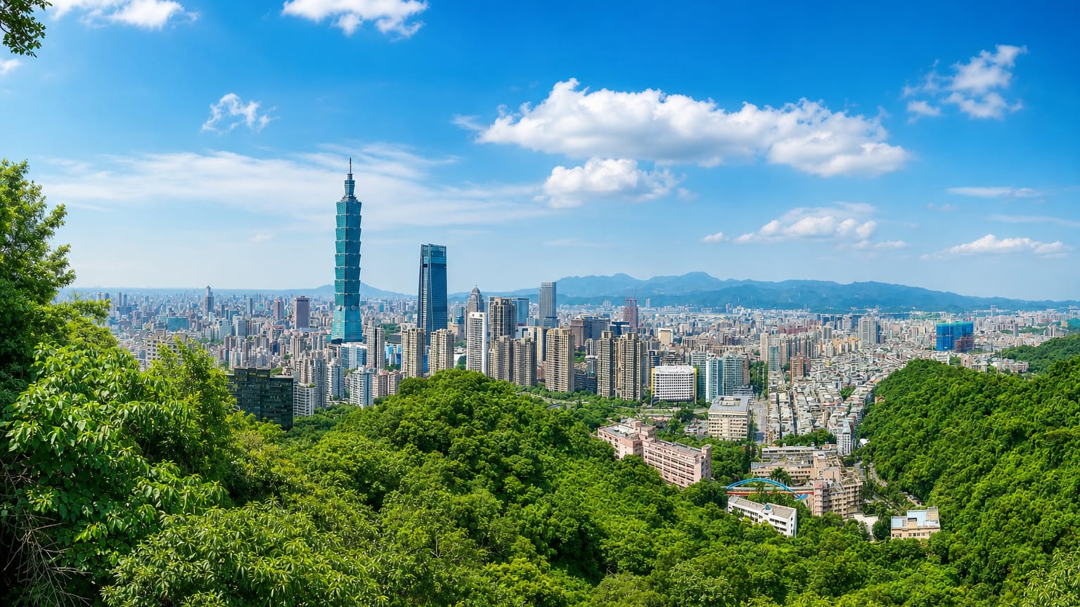 Taipei skyline seen over forested hills, with the tiered Taipei 101 tower rising above the city under a blue sky.