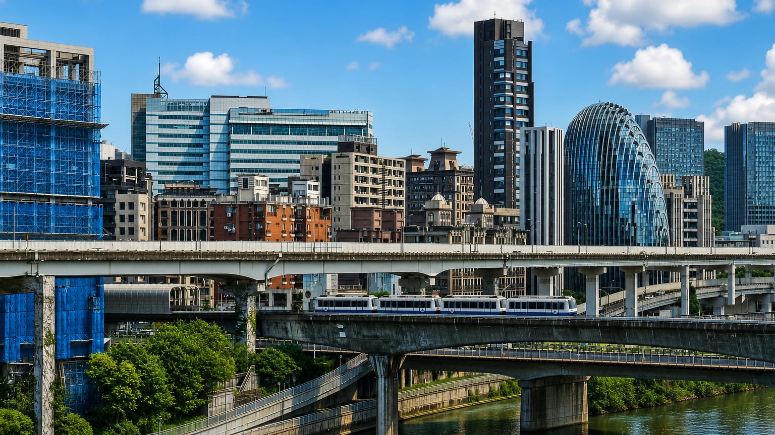 Modern towers, elevated rail and a train beside the river in Taipei's Nangang District