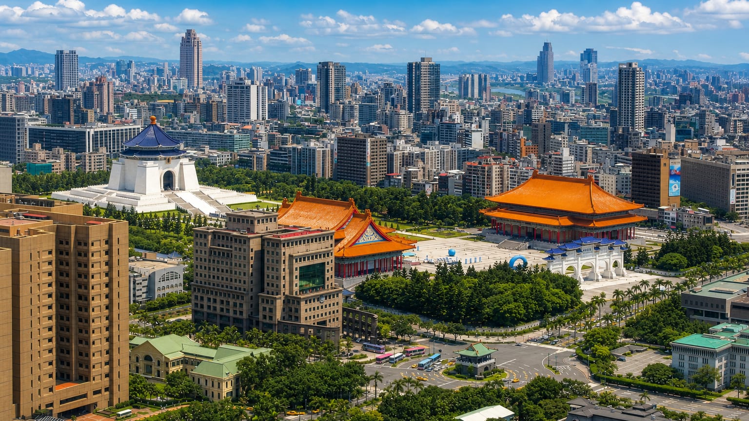 Aerial view of Taipei's Zhongzheng District with the Chiang Kai-shek Memorial Hall and National Theater among the city skyline.