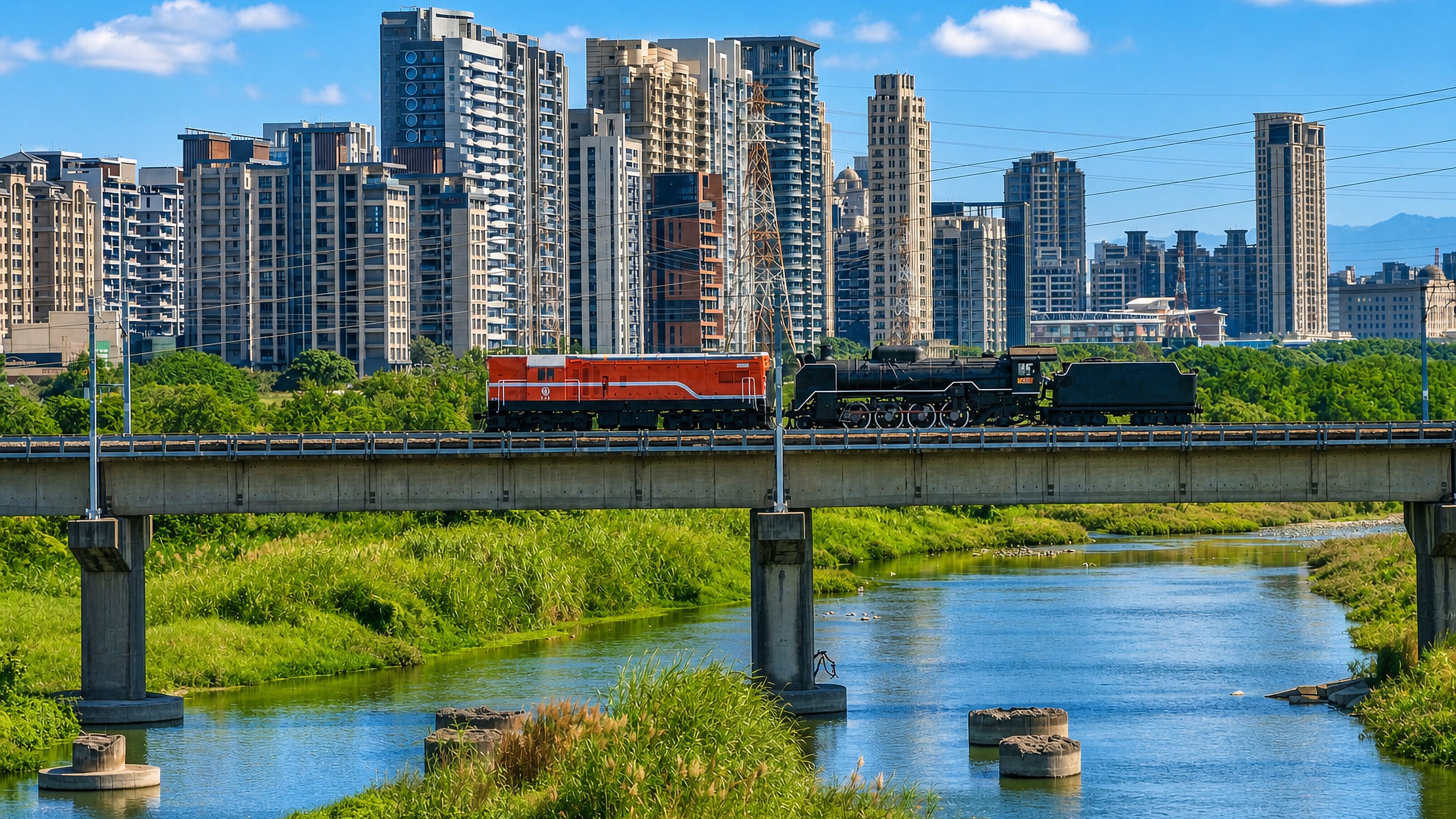 Zhubei's riverside high-rise towers behind a rail bridge over the Touqian River in Hsinchu County, Taiwan.