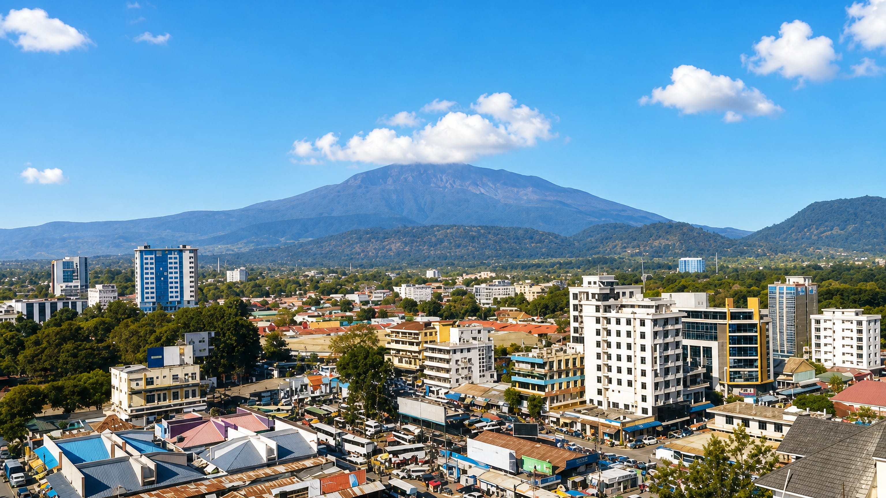 Central Arusha's markets and mid-rise buildings with Mount Meru rising behind.