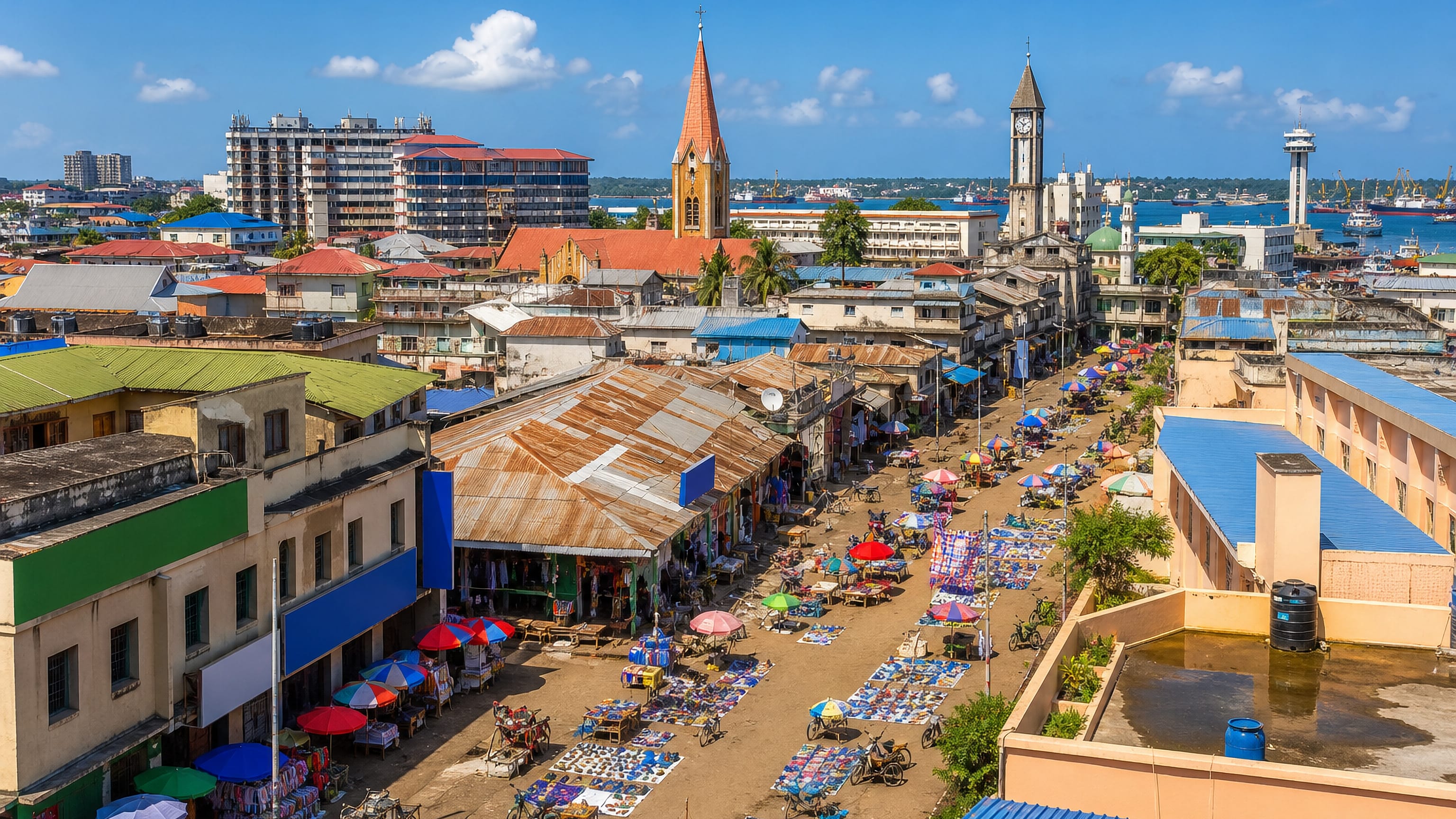 Aerial view over Kariakoo market in Dar es Salaam, stalls and umbrellas below church spires and the harbour.