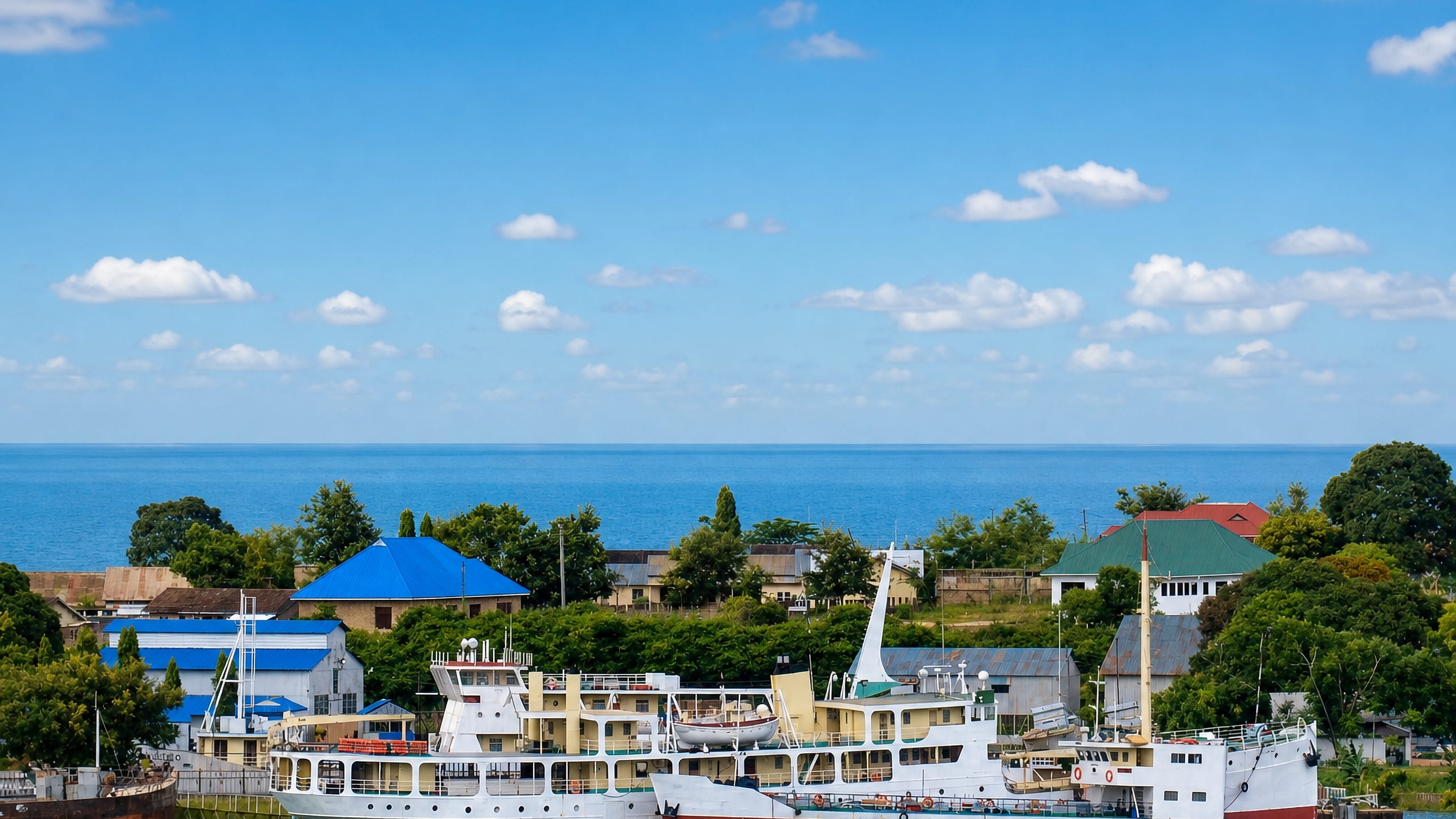 Passenger ferries moored at Kigoma harbour with tin-roofed lakeside buildings and Lake Tanganyika beyond