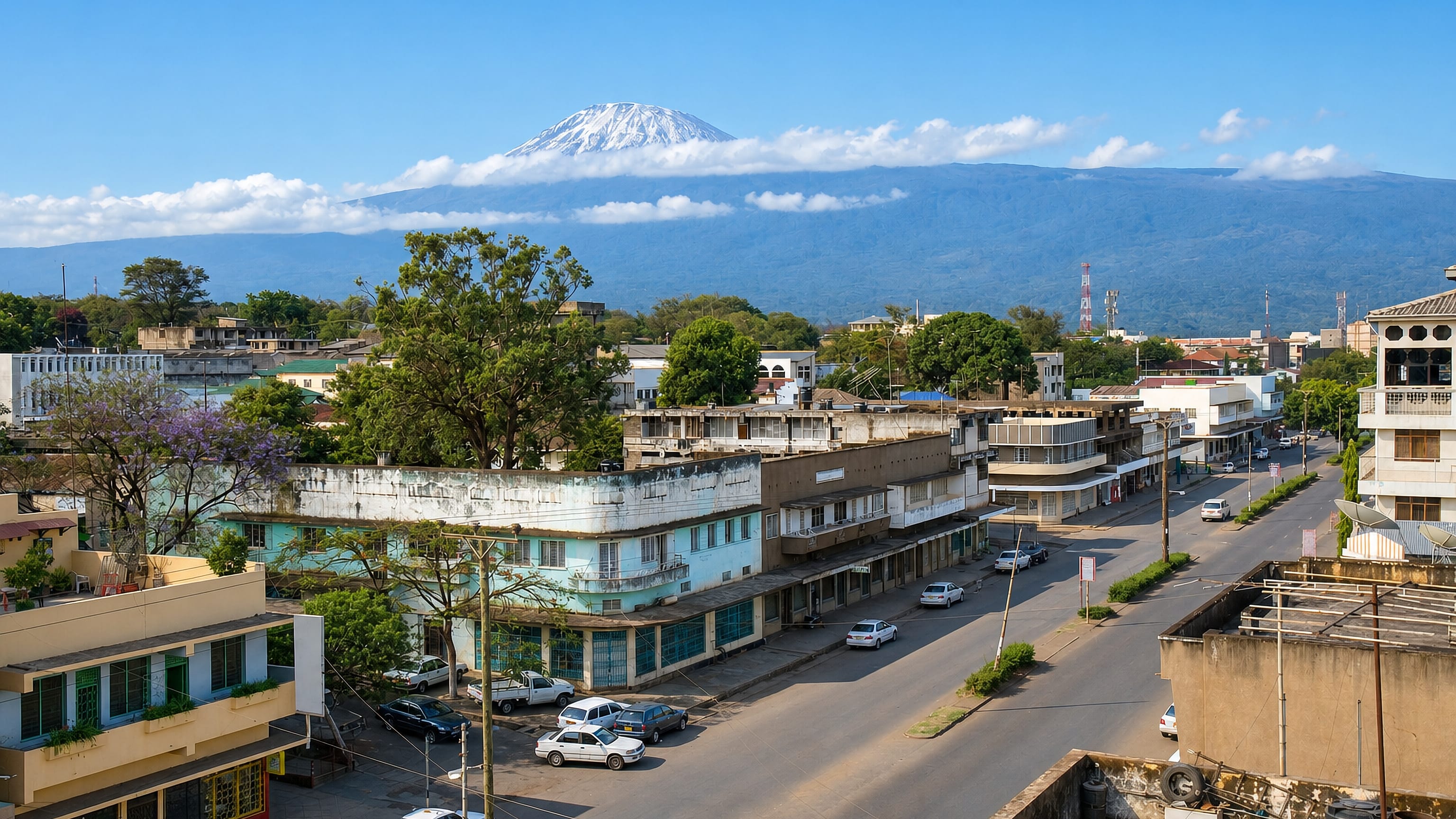Snow-capped Kilimanjaro rising above the low shopfronts and jacaranda trees of Moshi, Tanzania.