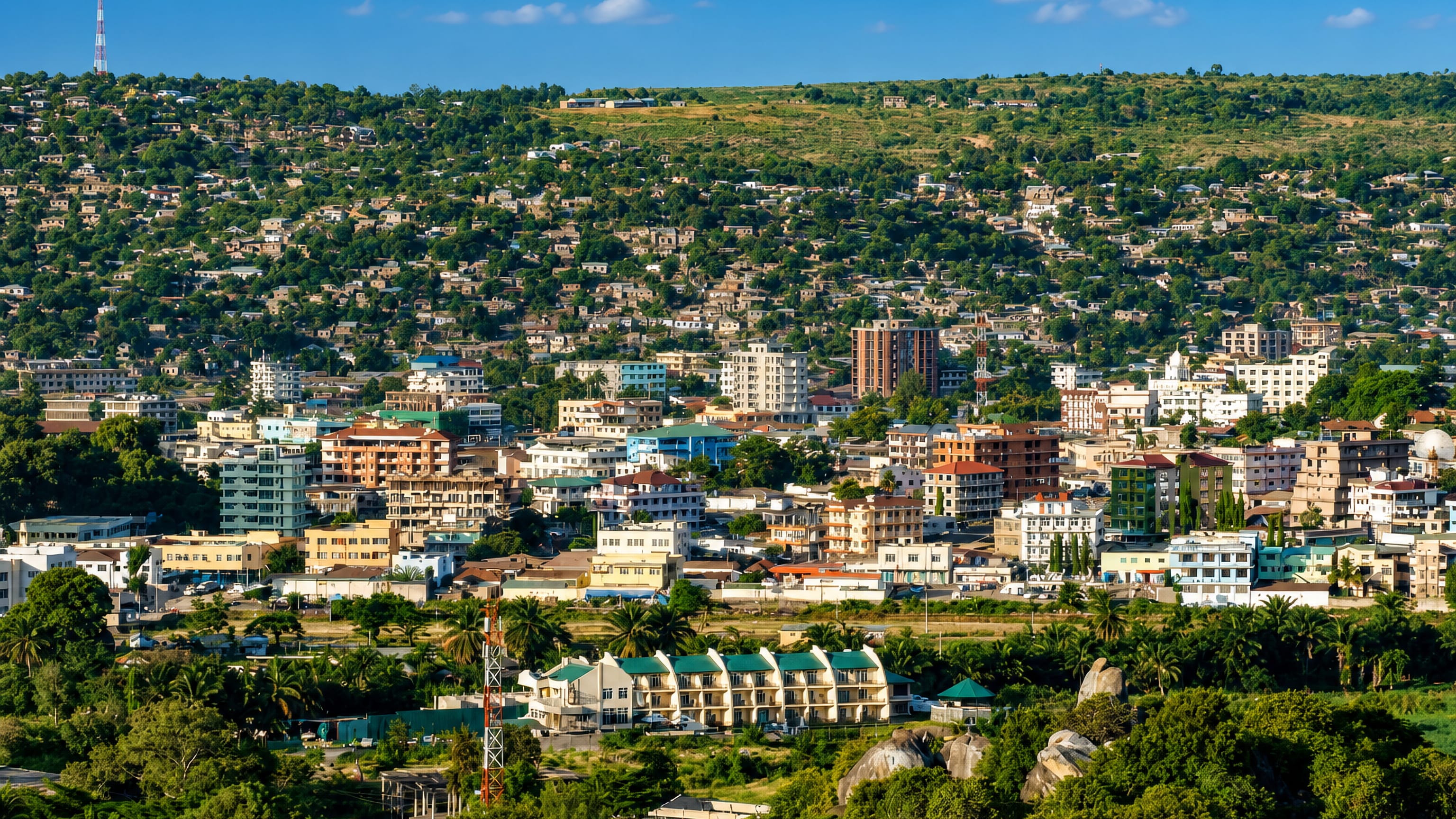 Mwanza's hillside neighbourhoods and granite boulders rising above the city centre, Tanzania.