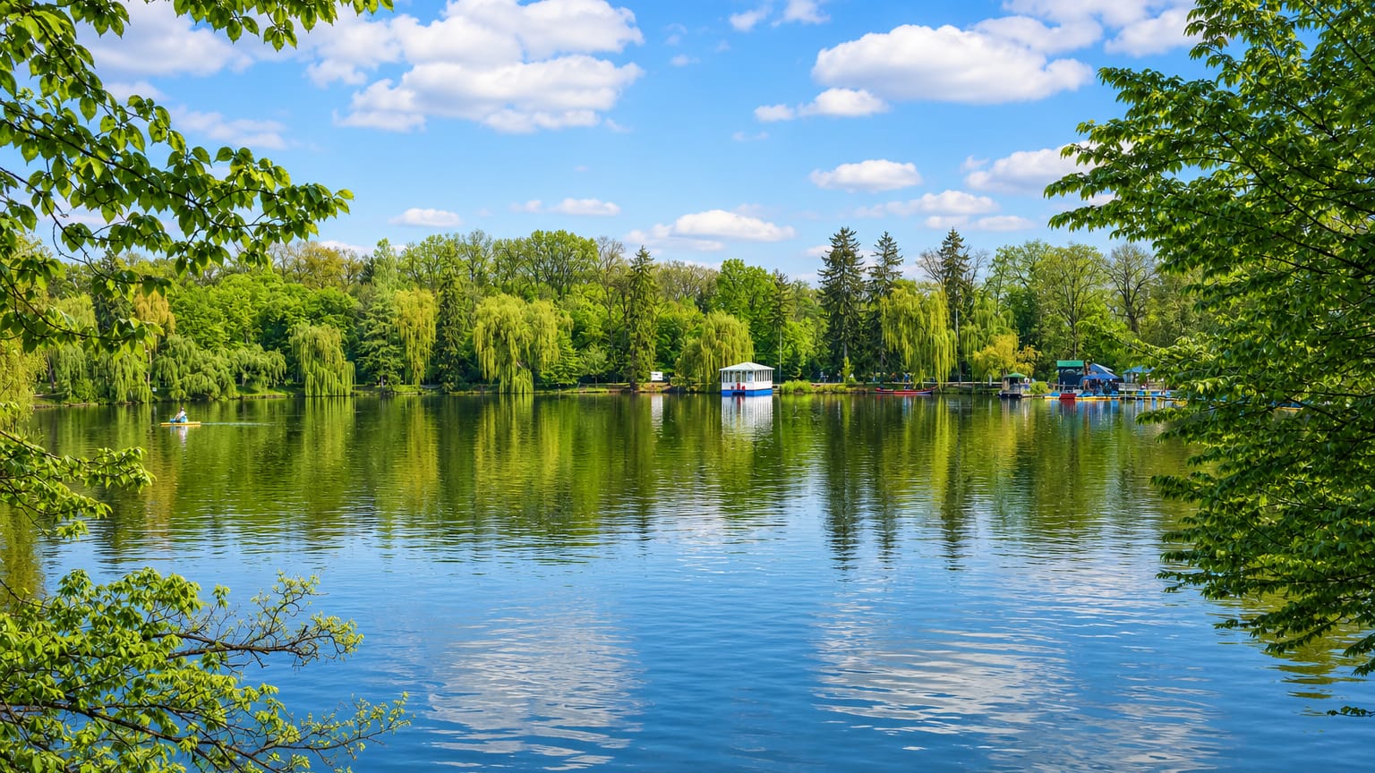 Tree-lined lake with willows and a small pleasure boat in Sofiyivka Park, Uman, under a blue sky