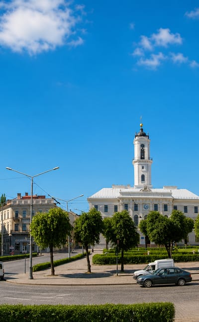 Chernivtsi's Central Square with the white neoclassical city hall and its clock tower amid historic facades.