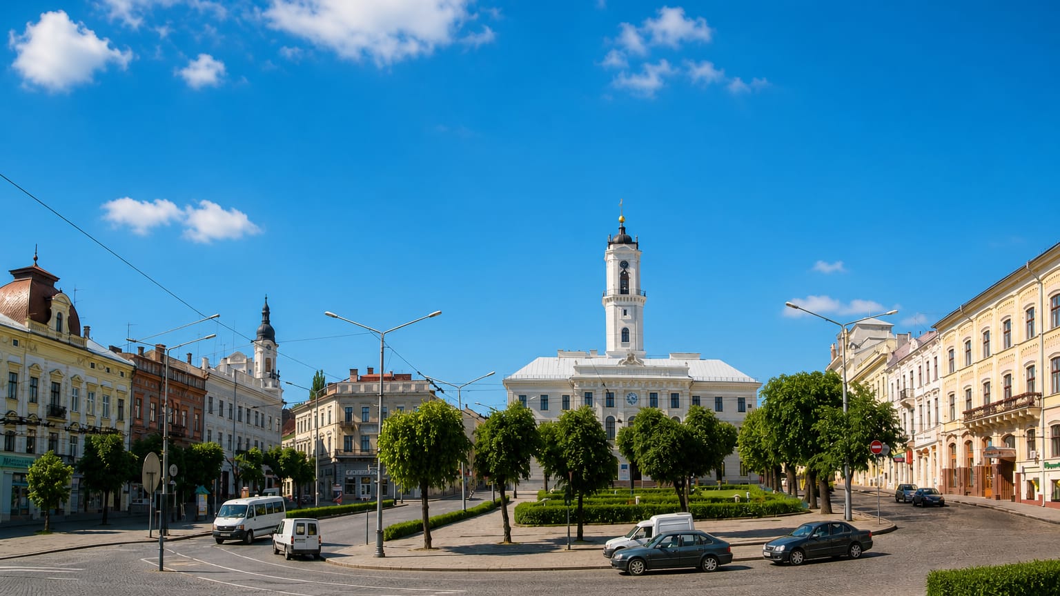 Chernivtsi's Central Square with the white neoclassical city hall and its clock tower amid historic facades.