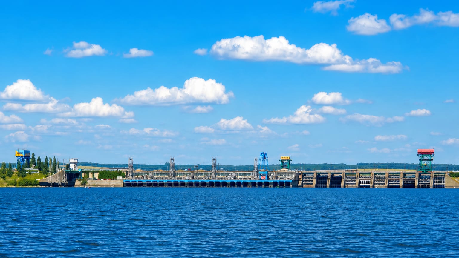 Hydroelectric dam stretching across the Dnipro reservoir near Kamianske, Ukraine, under a blue sky