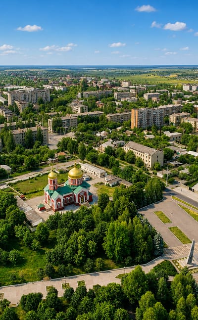 Aerial view of Bakhmut with a golden-domed Orthodox church, Soviet-era apartment blocks and green squares under a summer sky.