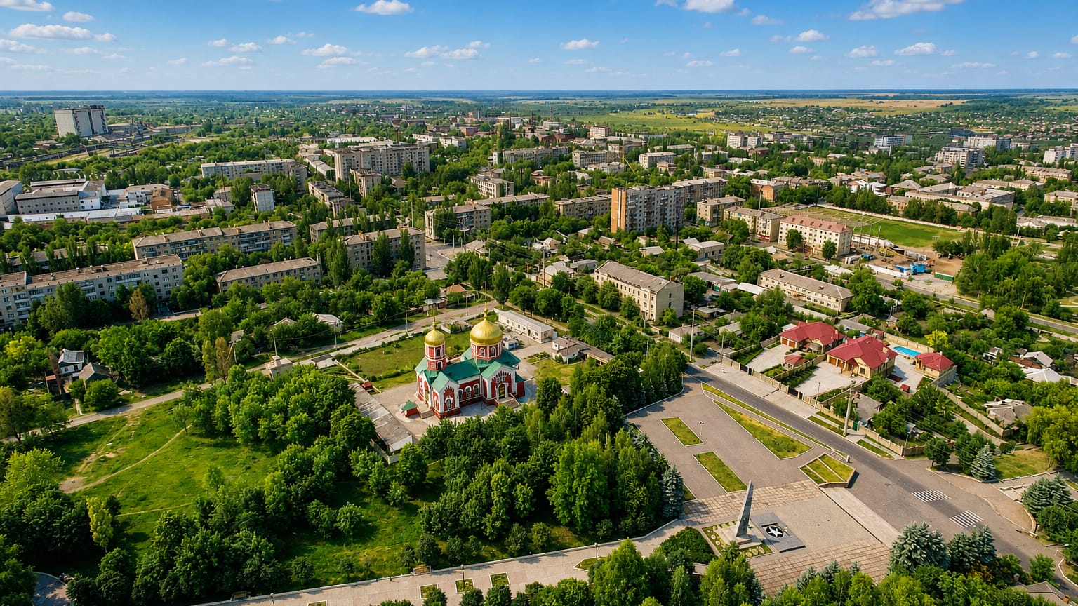 Aerial view of Bakhmut with a golden-domed Orthodox church, Soviet-era apartment blocks and green squares under a summer sky.