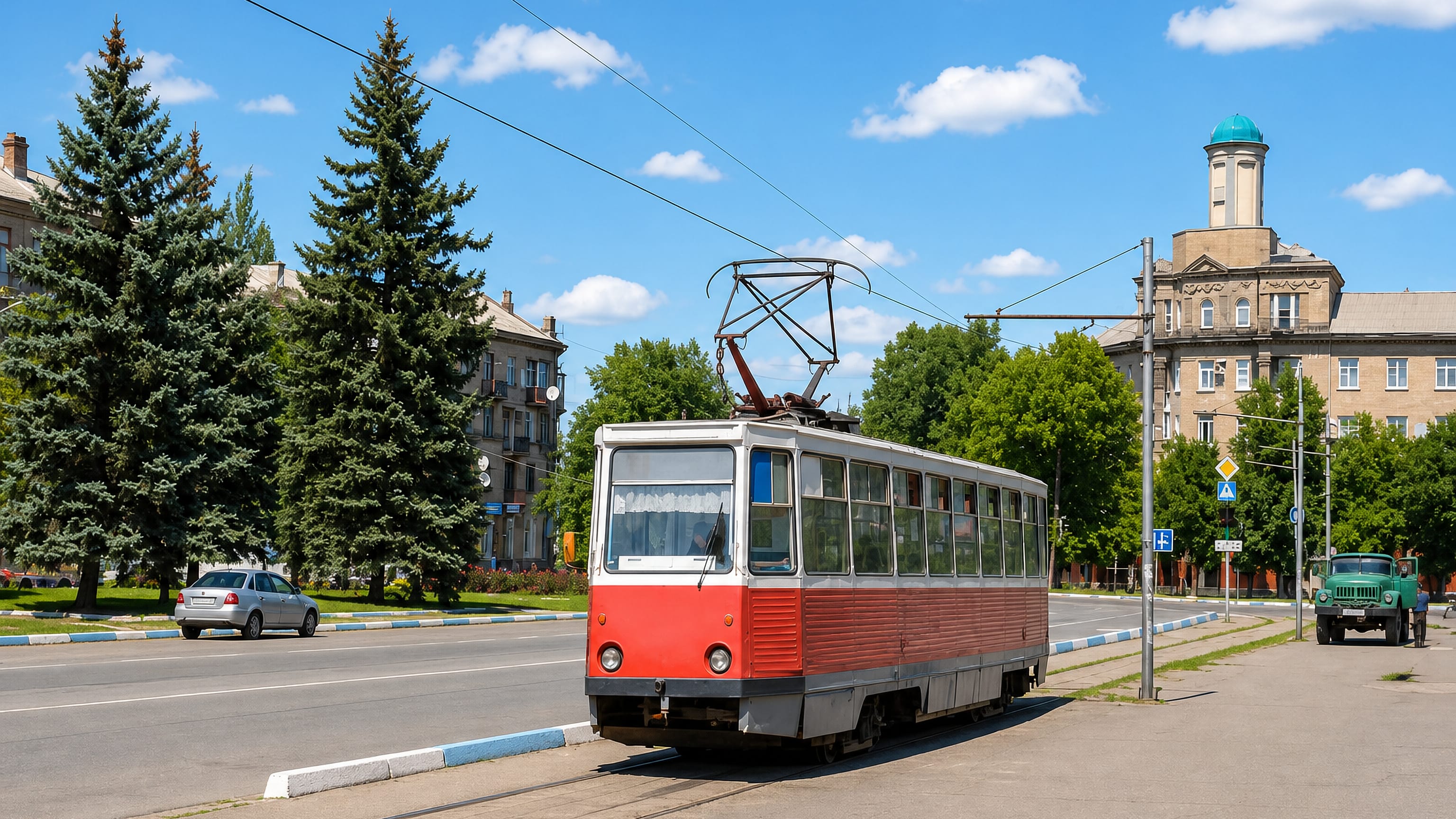 A red-and-white tram on a wide sunlit avenue in Druzhkivka, passing Soviet-era apartment blocks.