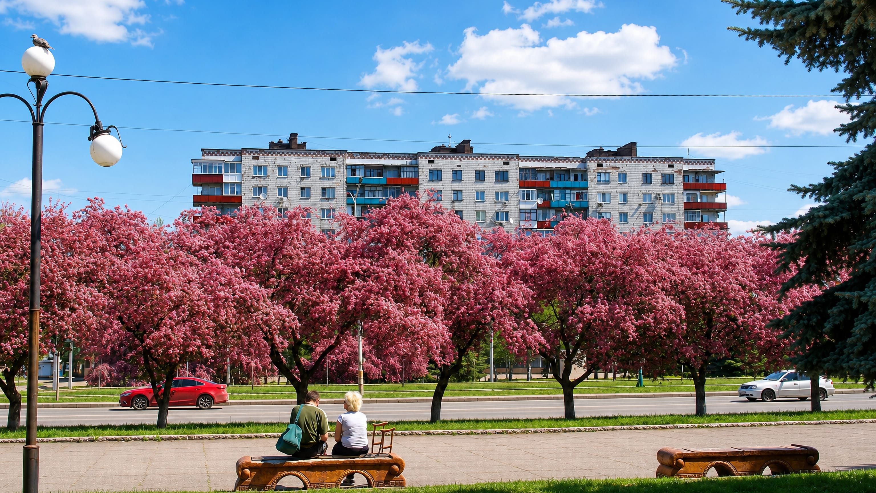 Blossoming pink trees and a Soviet-era apartment block along a boulevard in Kostyantynivka, Ukraine.