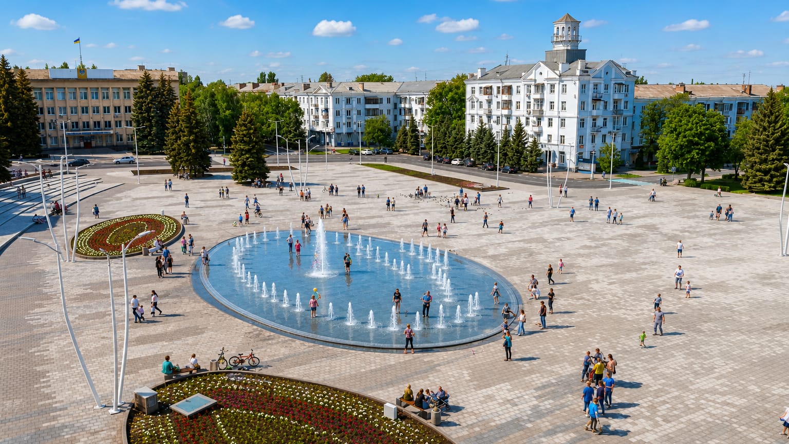 Central square in Kramatorsk, Ukraine, with a large fountain, flower beds and apartment blocks