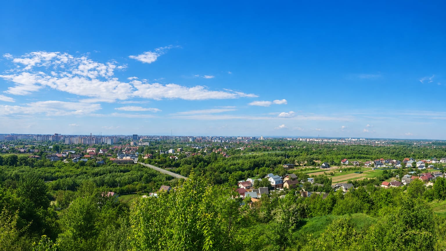 Aerial view over the green outskirts of Ivano-Frankivsk, Ukraine, toward distant apartment blocks