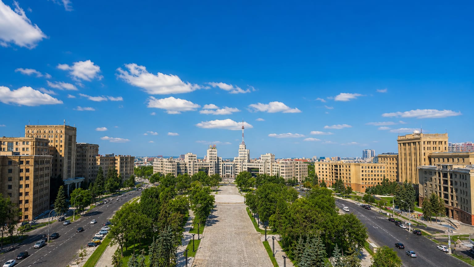 Kharkiv's Freedom Square framed by monumental Constructivist buildings and a central spired tower on a sunny day.