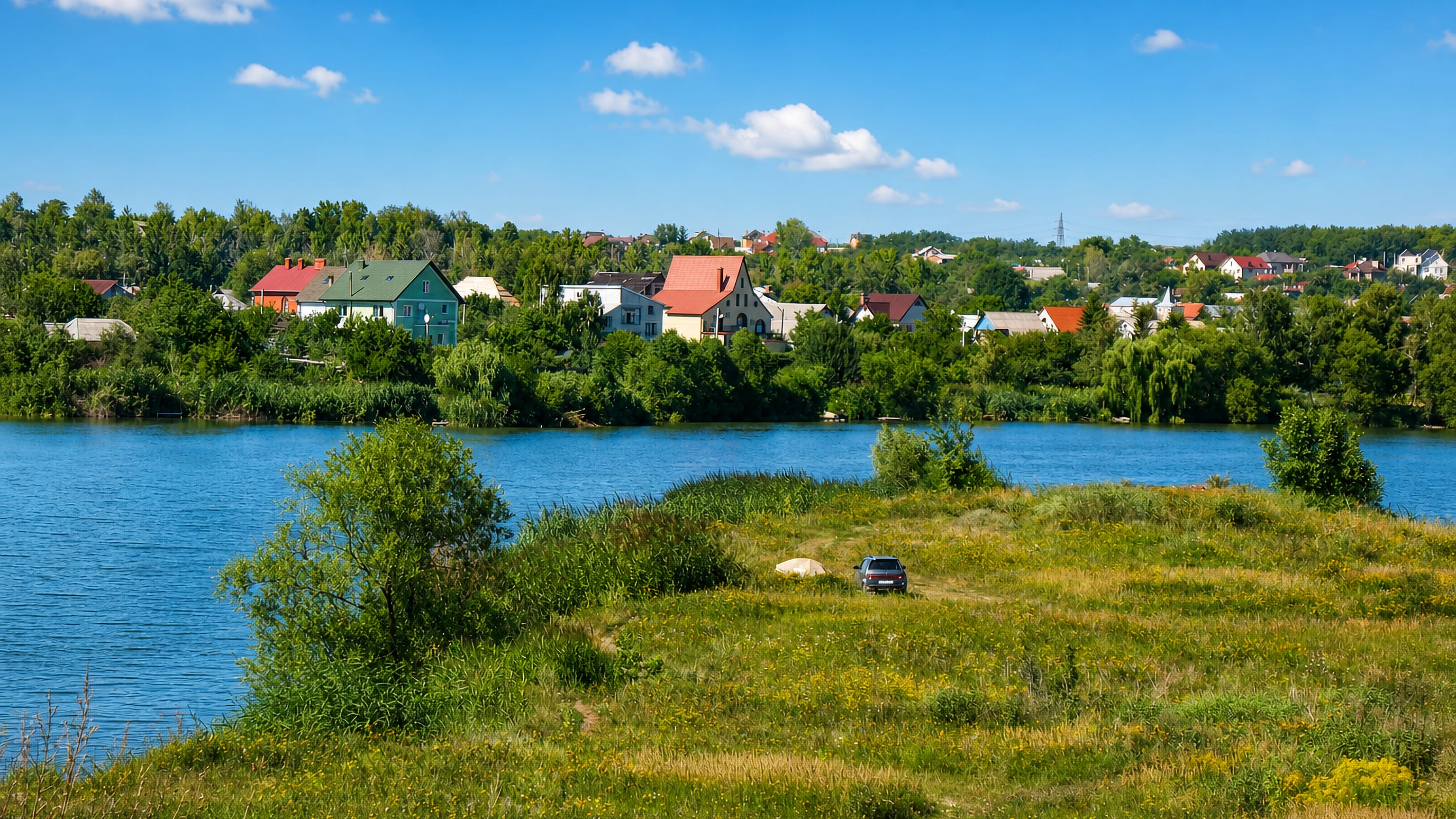 Riverside meadow with colourful village houses across the water at Velyka Danylivka, Kharkiv.