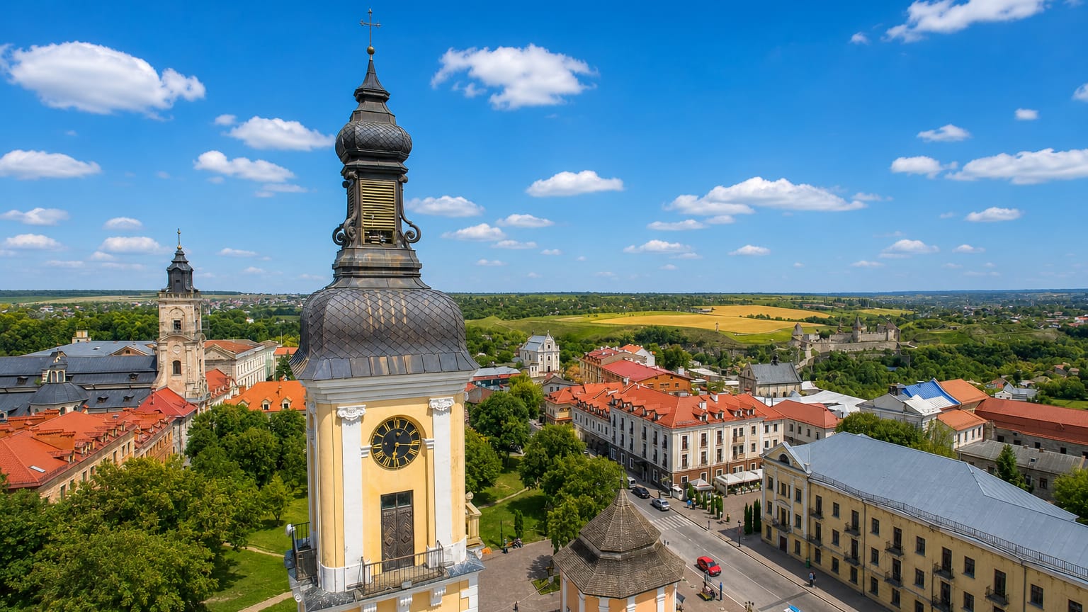 Aerial view of Kamianets-Podilskyi, Ukraine, with the old town's yellow bell tower and the fortress beyond red roofs