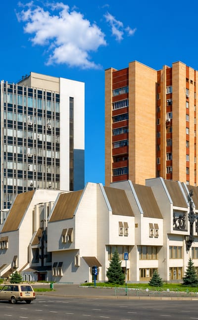 A wide boulevard past modernist and brick apartment blocks with a passing tram in Luhansk.