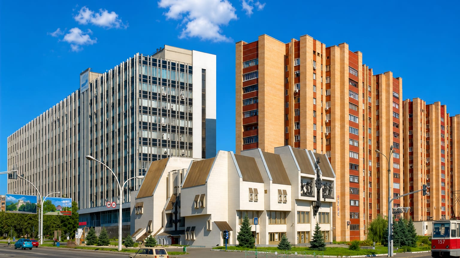 A wide boulevard past modernist and brick apartment blocks with a passing tram in Luhansk.
