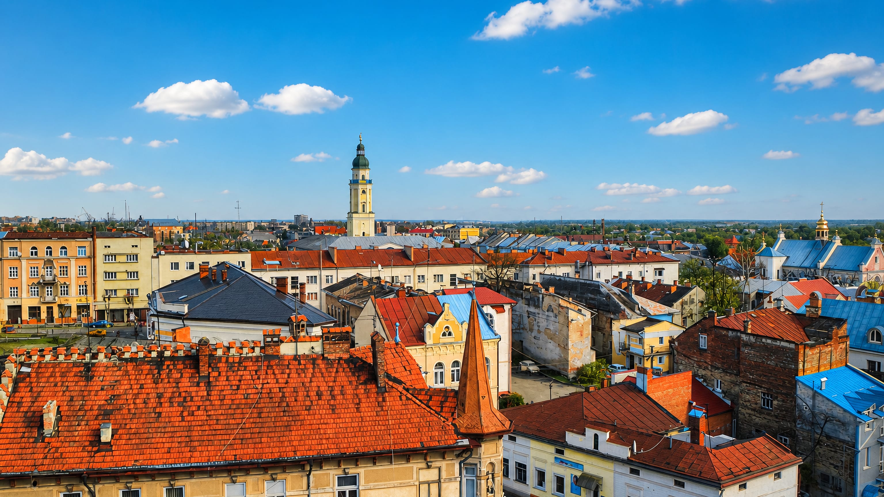 Red-tiled rooftops of Drohobych's old town with a domed bell tower rising above the Galician skyline.