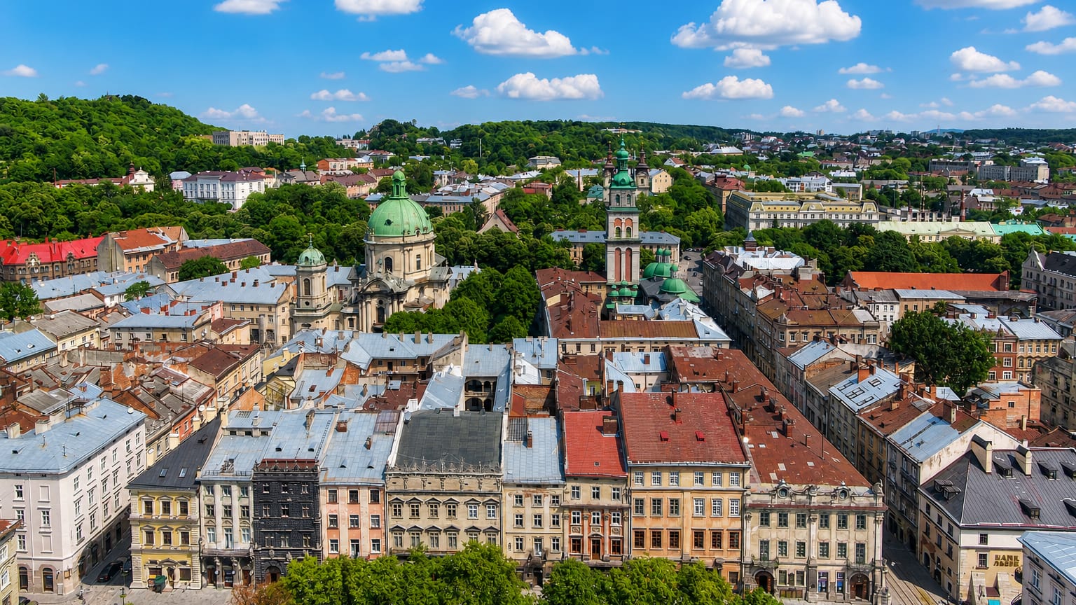 Lviv old town rooftops with the green dome of the Dominican Church and a historic bell tower on a sunny day.