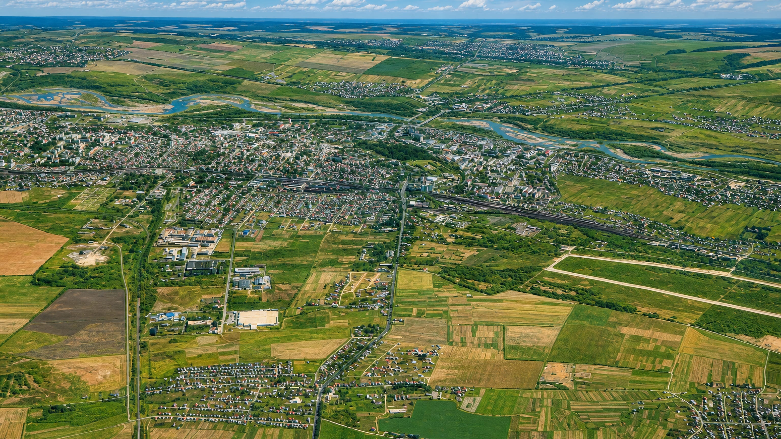 High aerial view of Stryi, Ukraine, its streets and rail yards ringed by a river and patchwork farmland.