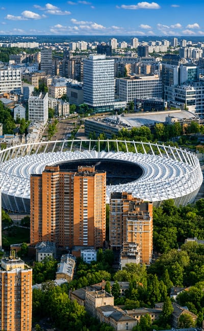Aerial view of the Olympic Stadium ringed by high-rise blocks and greenery in Nova Zabudova, Kyiv.