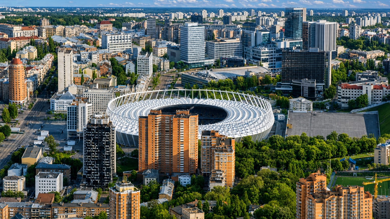Aerial view of the Olympic Stadium ringed by high-rise blocks and greenery in Nova Zabudova, Kyiv.