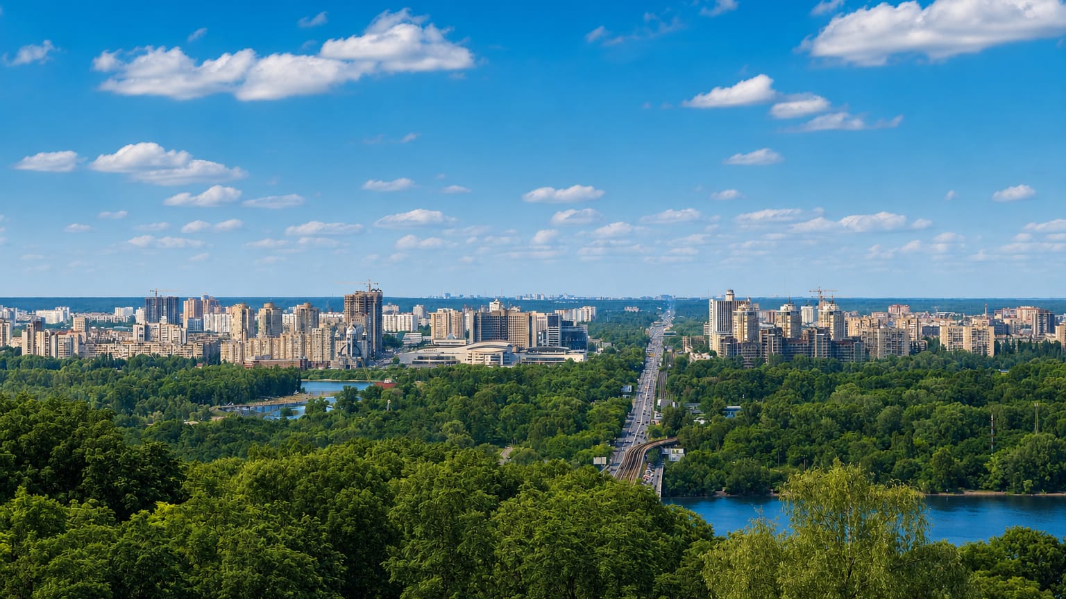 Aerial panorama of Kyiv's Pecherskyi District with forested hills and the Dnieper River in the distance.