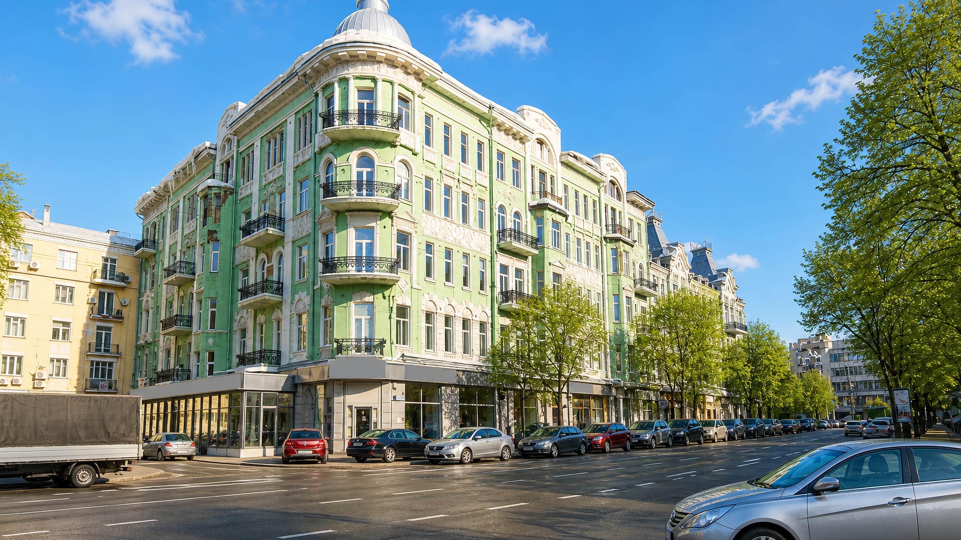 Green art nouveau corner building on a tree-lined boulevard in Kyiv's Shevchenkivskyi district.