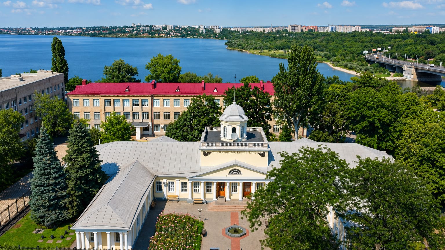 Riverside view of Mykolayiv, Ukraine, with a white colonnaded mansion and red-roofed building beside the wide estuary and a distant bridge.