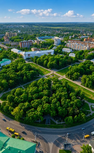 Aerial view of Poltava, Ukraine, showing the circular Round Square with roads radiating around a wooded central park