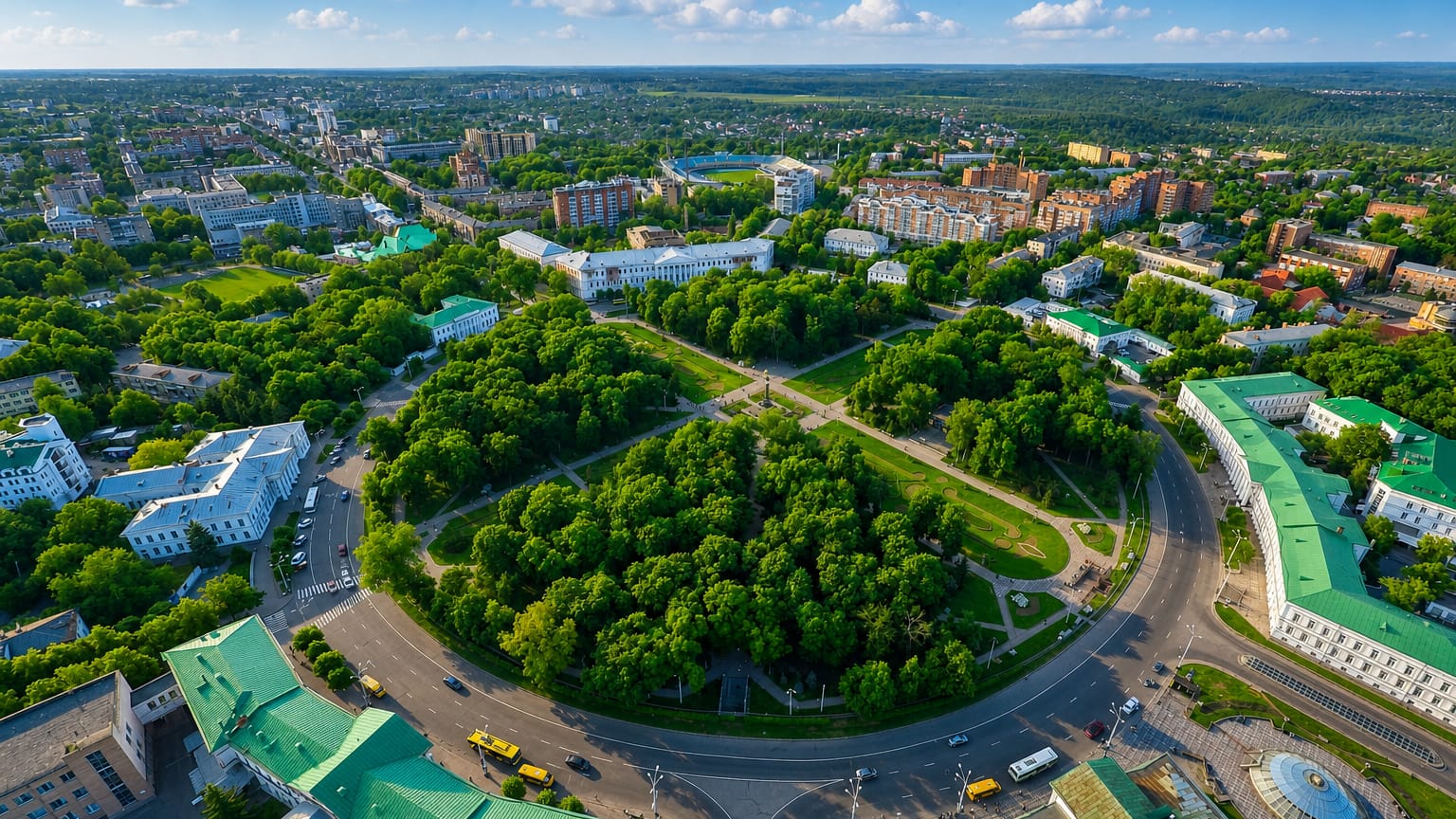 Aerial view of Poltava, Ukraine, showing the circular Round Square with roads radiating around a wooded central park